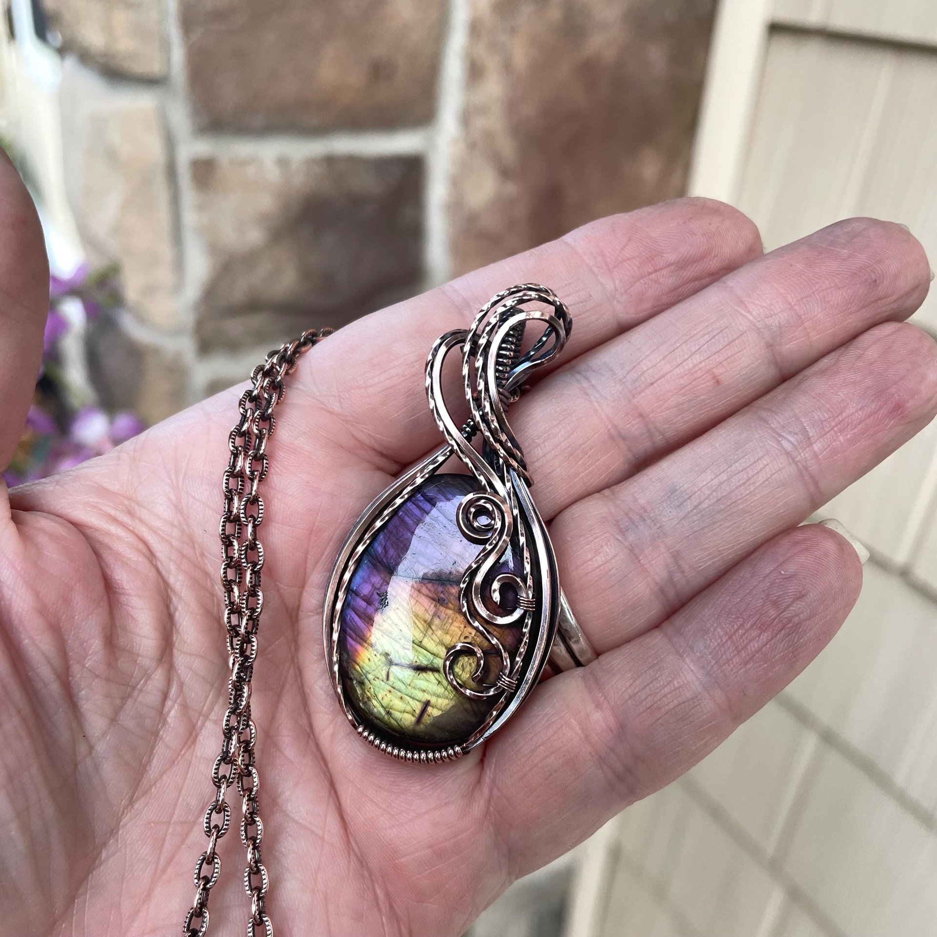 Rainbow Labradorite Oval Swirly Copper Pendant