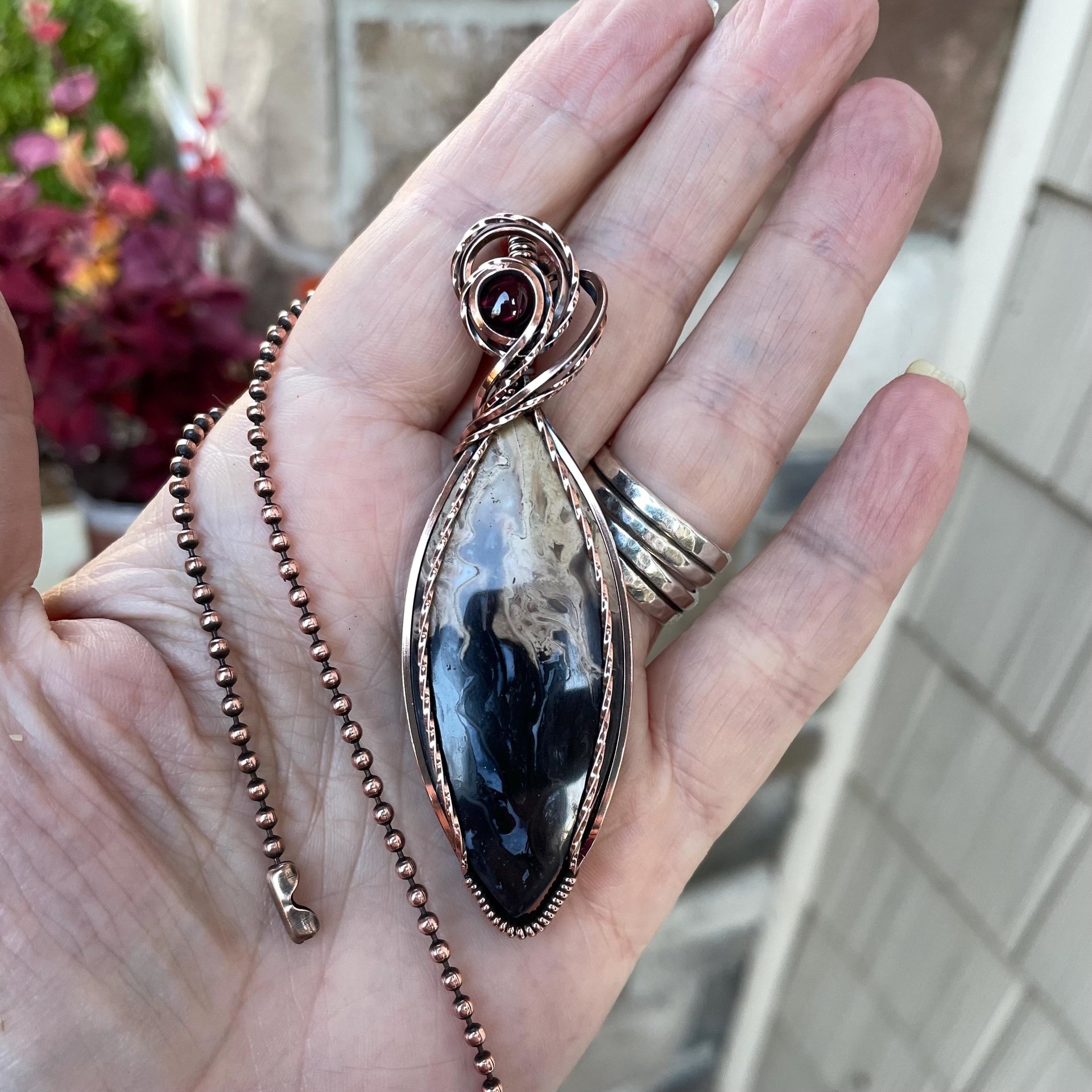 Petrified Palm Wood & Garnet Marquise Copper Pendant 