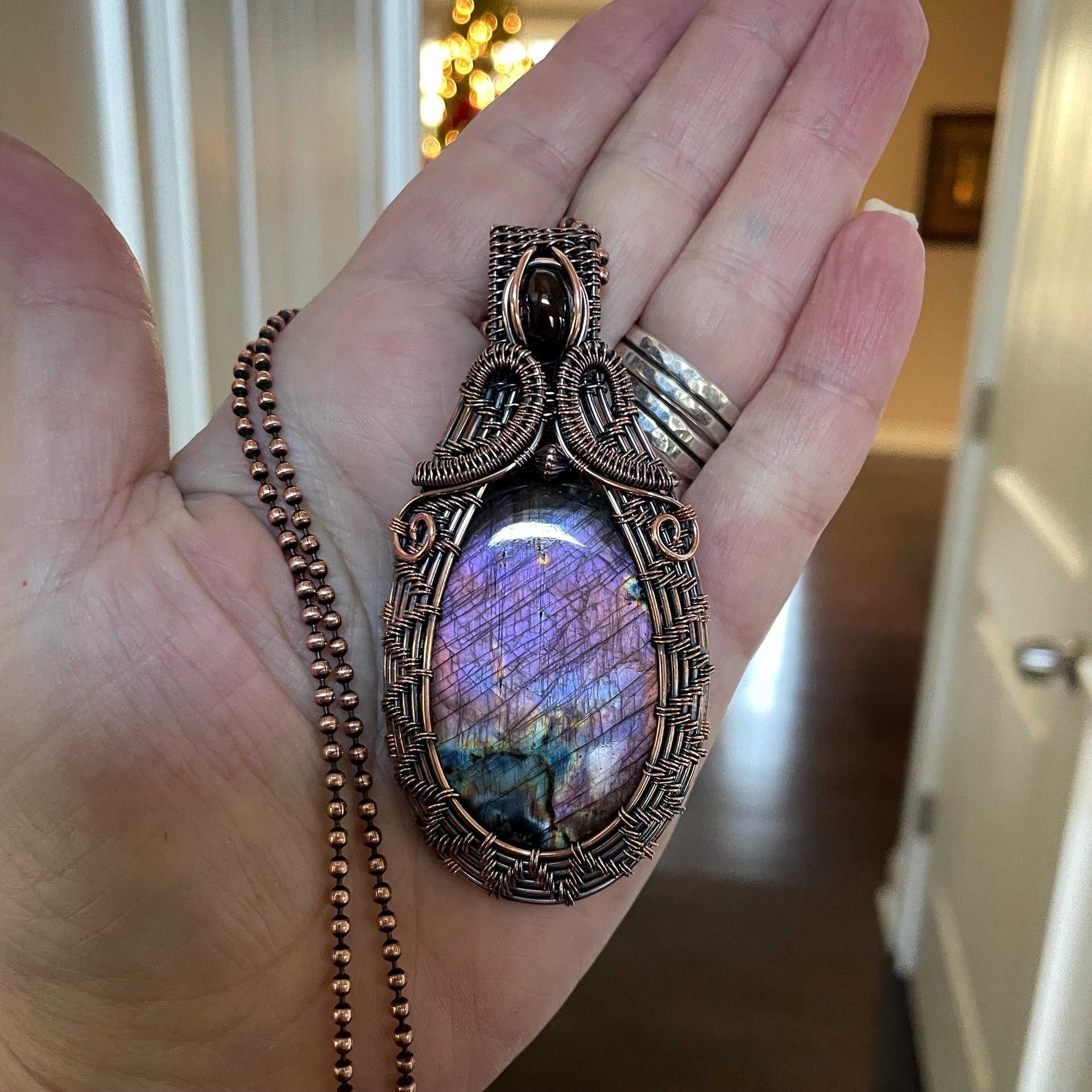 Purple Pink Labradorite & Garnet Woven Copper Pendant