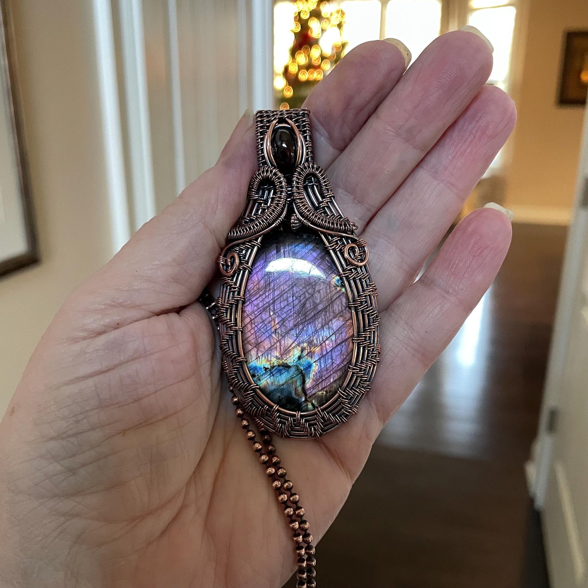 Purple Pink Labradorite & Garnet Woven Copper Pendant