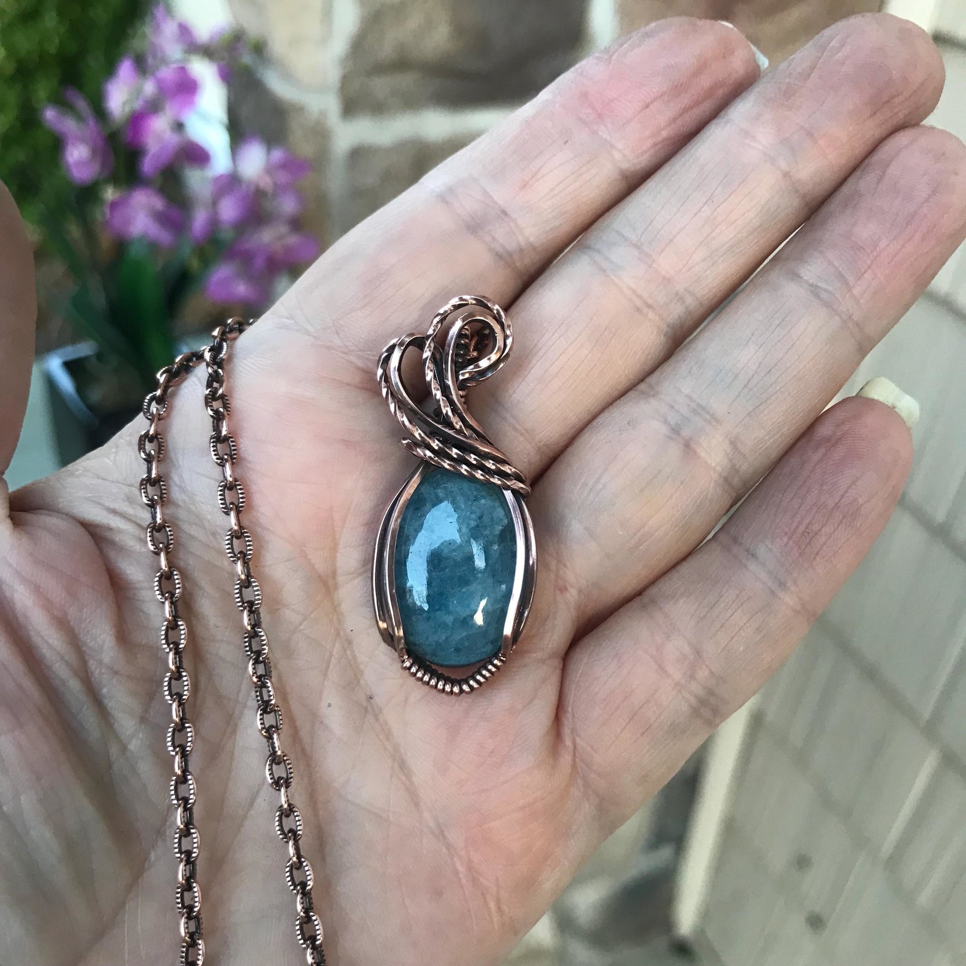 Aquamarine Small Oval Copper Necklace