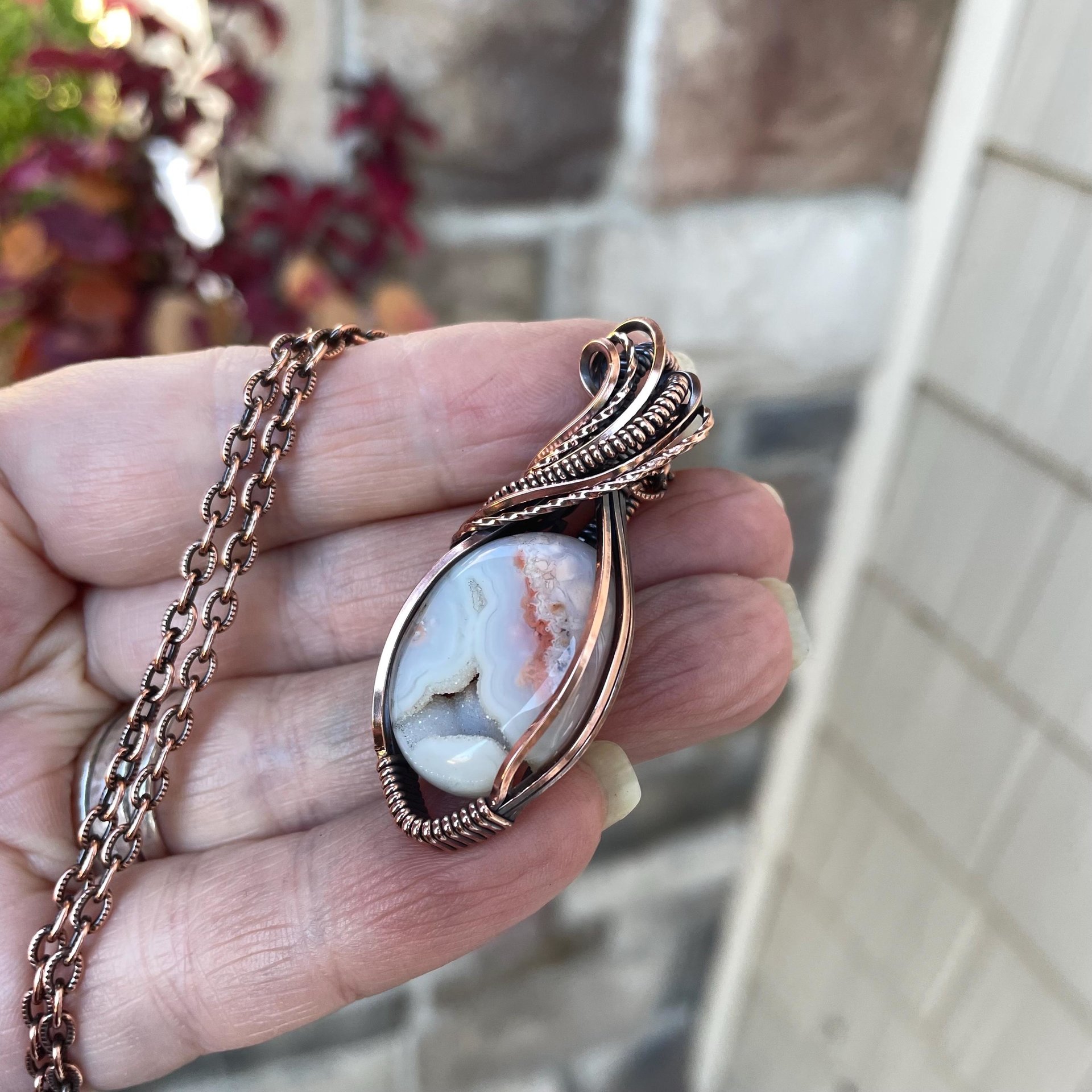 Cotton Candy Agate Druzy Oval Copper Necklace