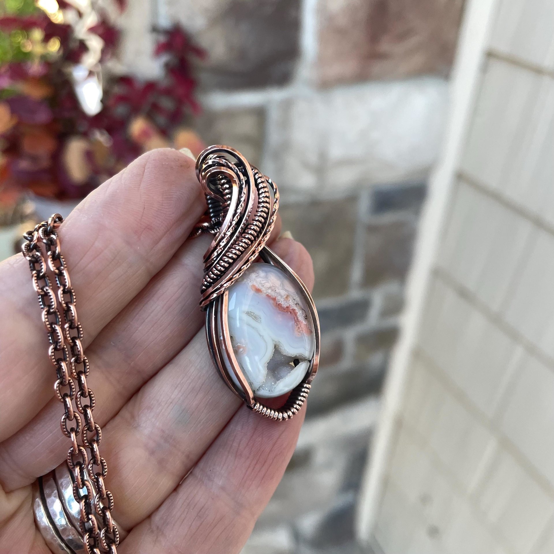 Cotton Candy Agate Druzy Oval Copper Necklace