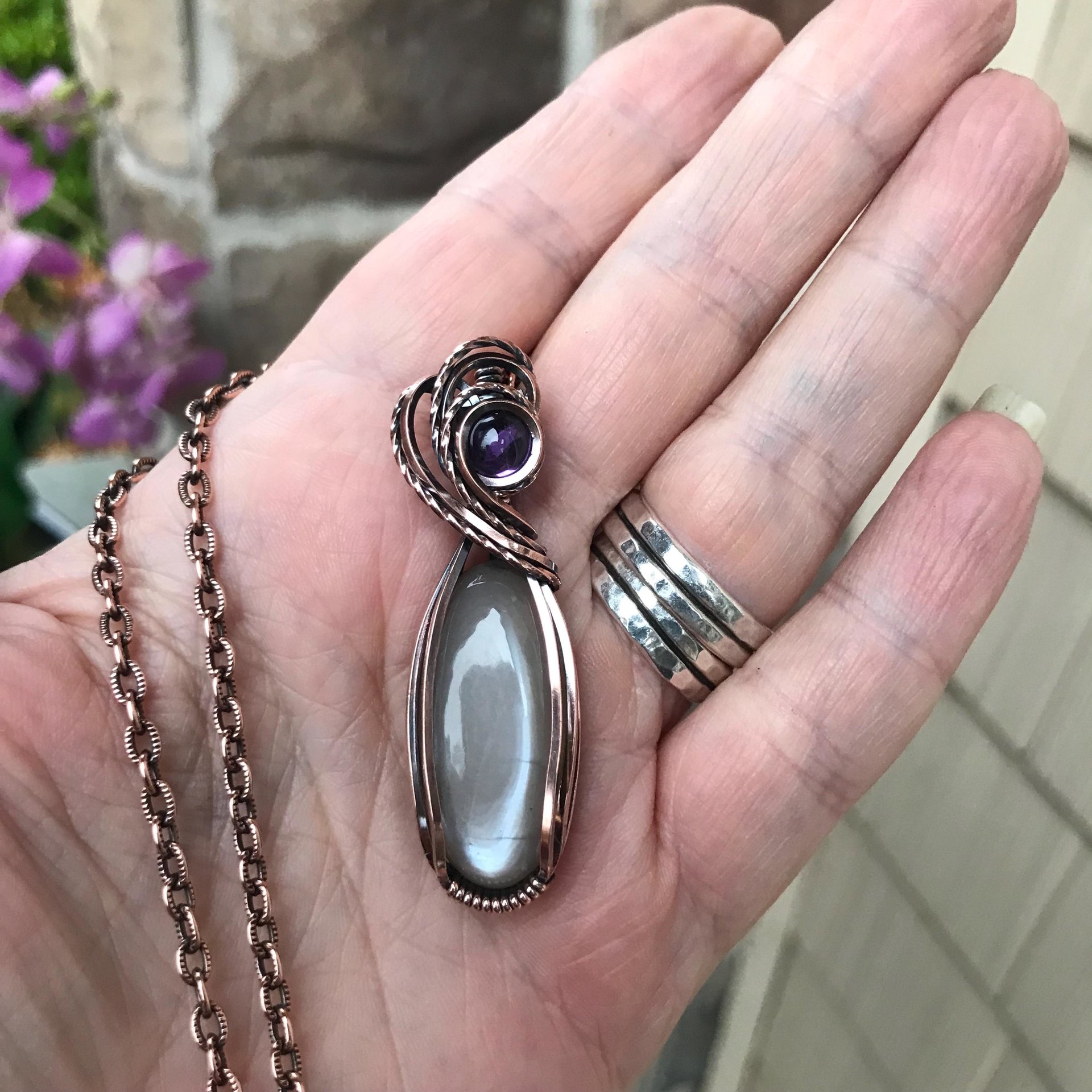 Gray Moonstone & Amethyst Slender Copper Necklace