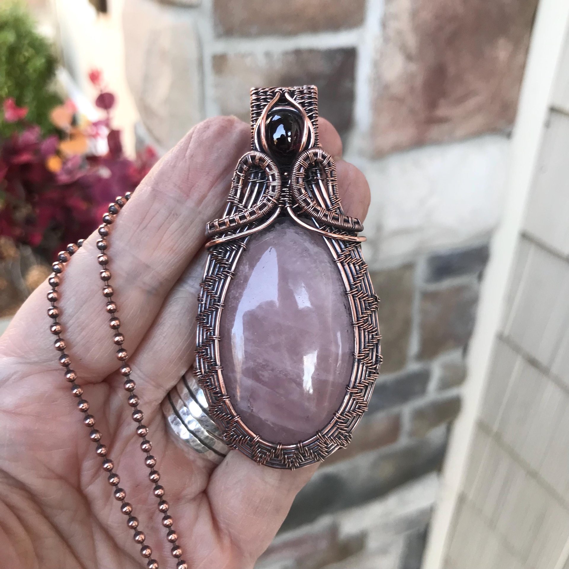 Rose Quartz & Garnet Copper Woven Pendant