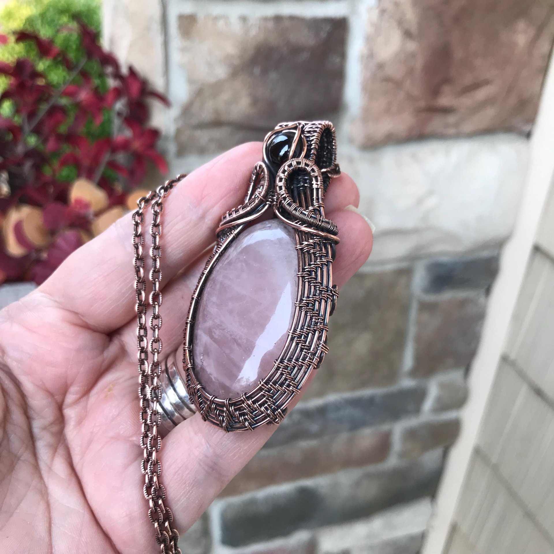 Rose Quartz & Garnet Copper Woven Pendant