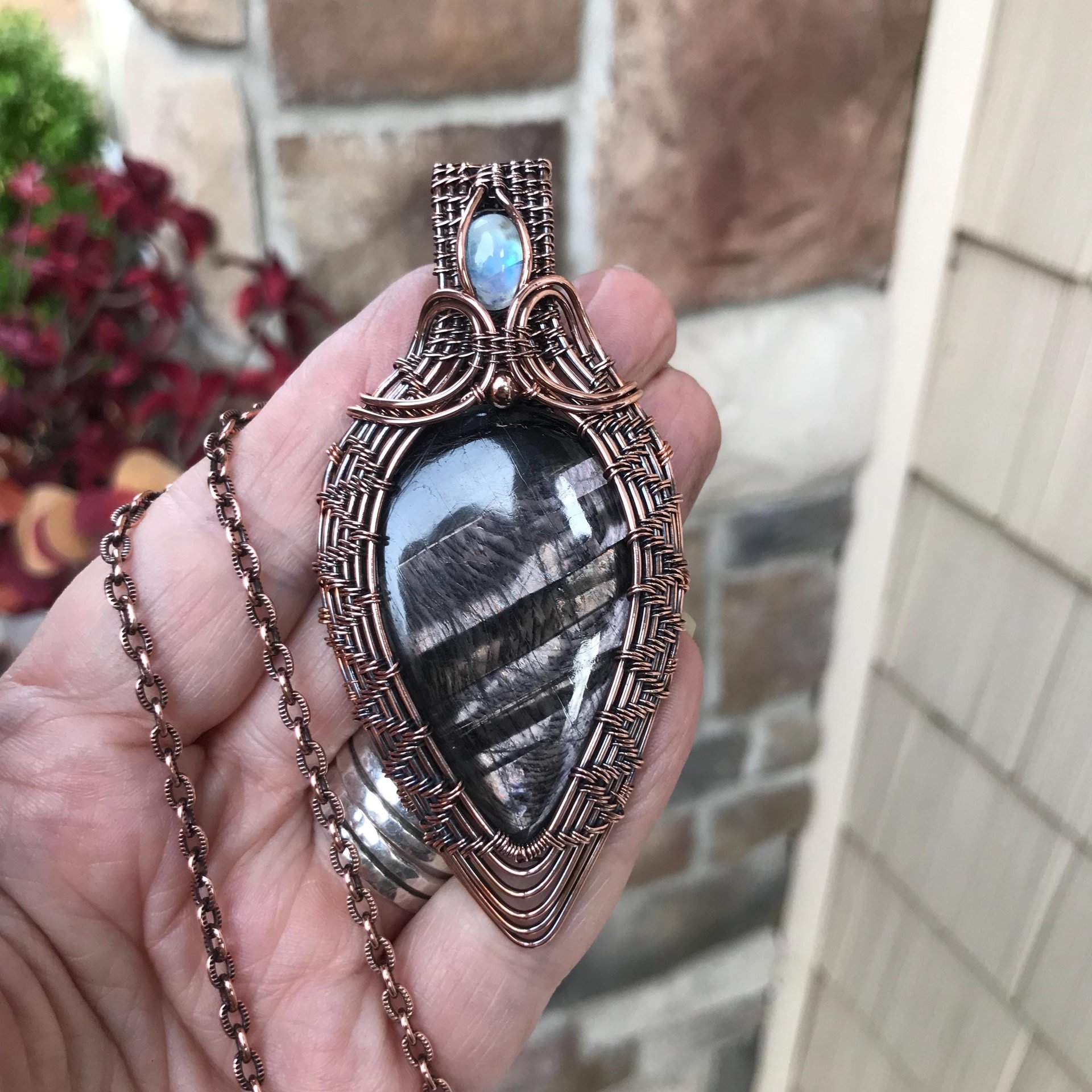 Hypersthene & Moonstone Woven Copper Pendant