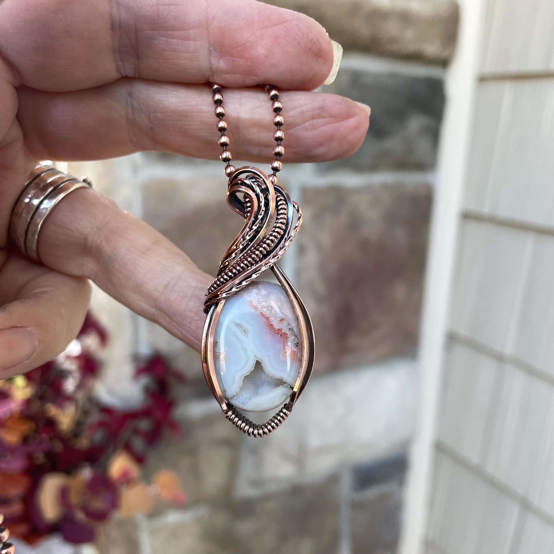 Cotton Candy Agate Druzy Oval Copper Necklace