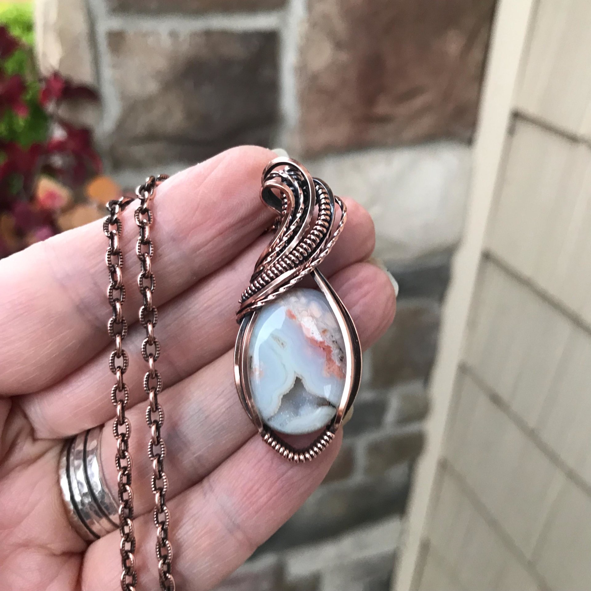 Cotton Candy Agate Druzy Oval Copper Necklace