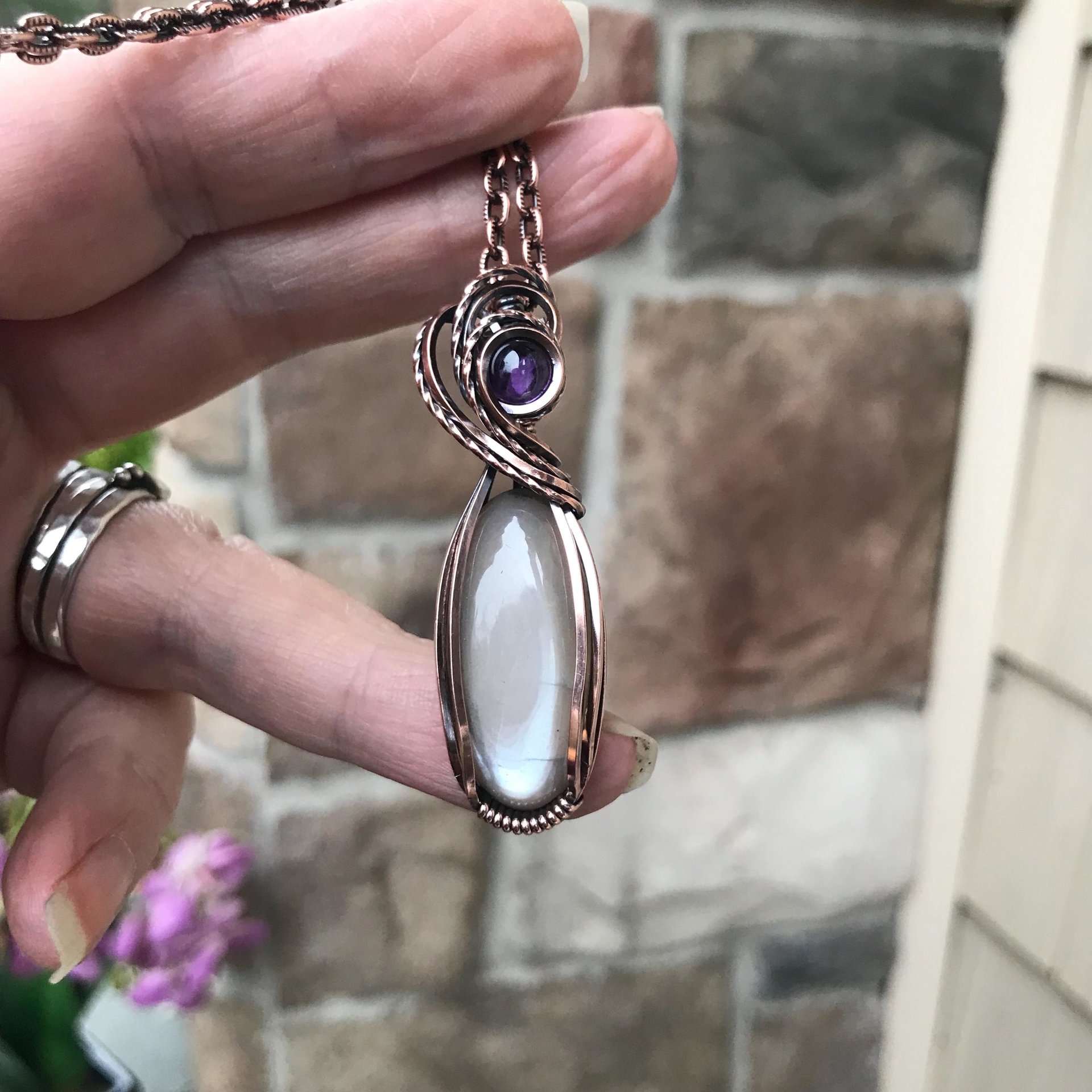 Gray Moonstone & Amethyst Slender Copper Necklace
