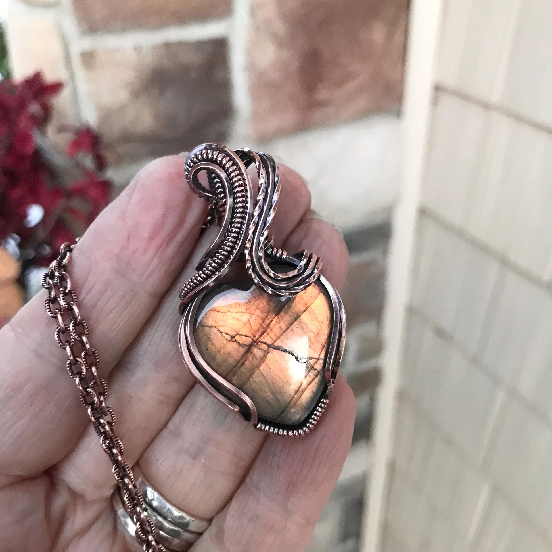 Golden Amber Labradorite Heart Copper Necklace