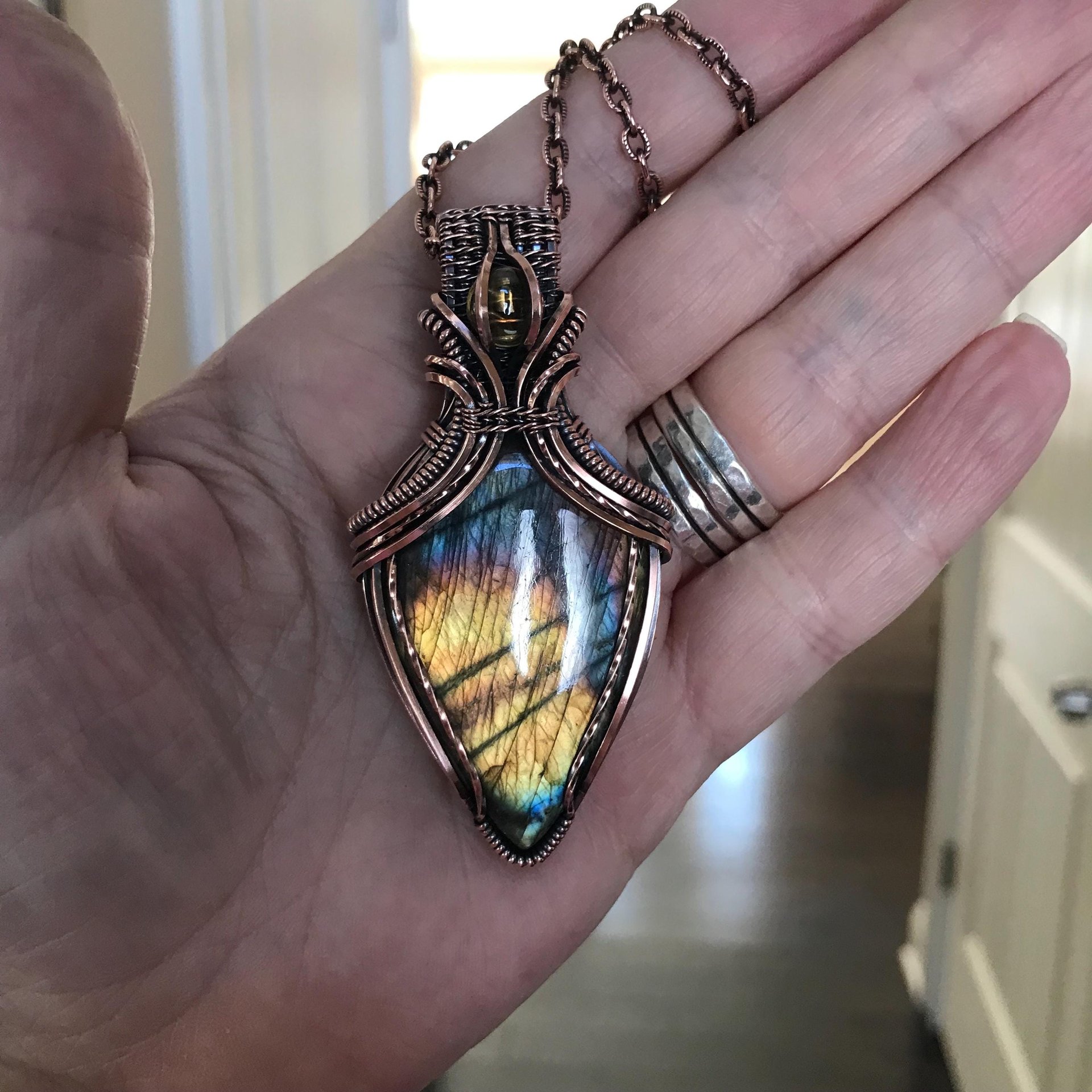 Yellow Rainbow Labradorite & Citrine Copper Pendant with Woven Bail