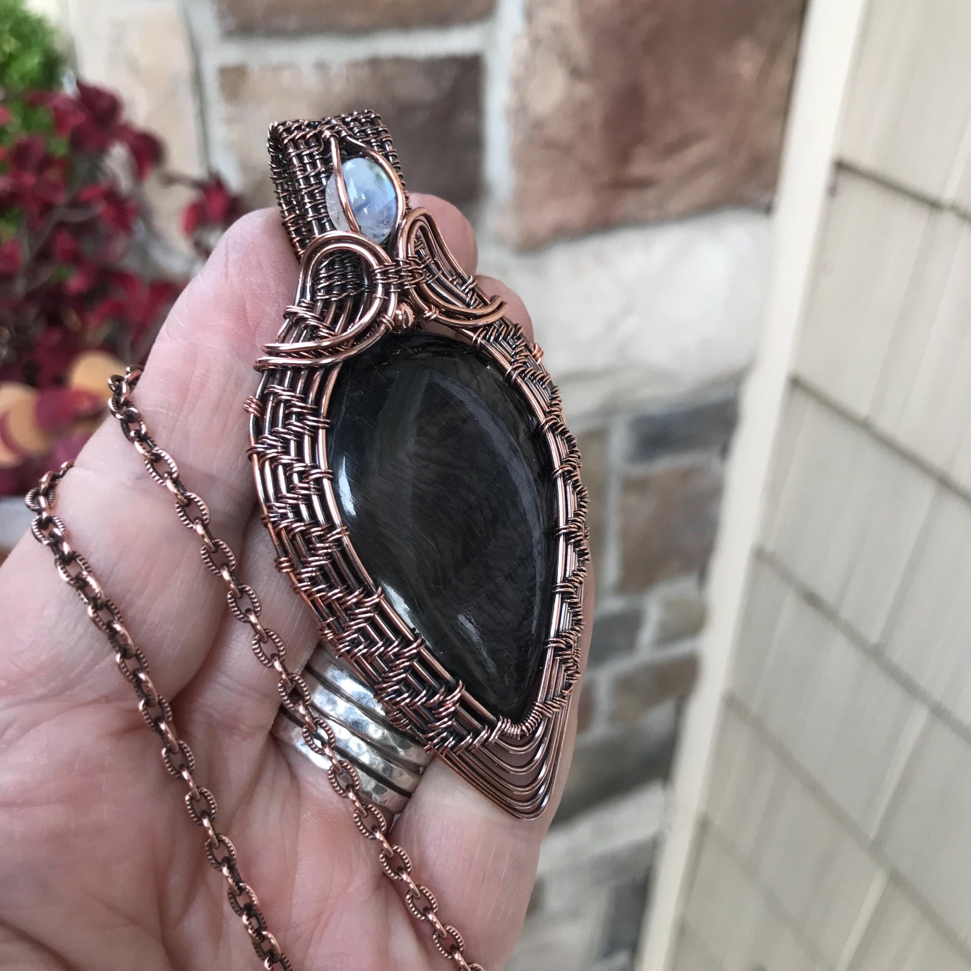 Hypersthene & Moonstone Woven Copper Pendant