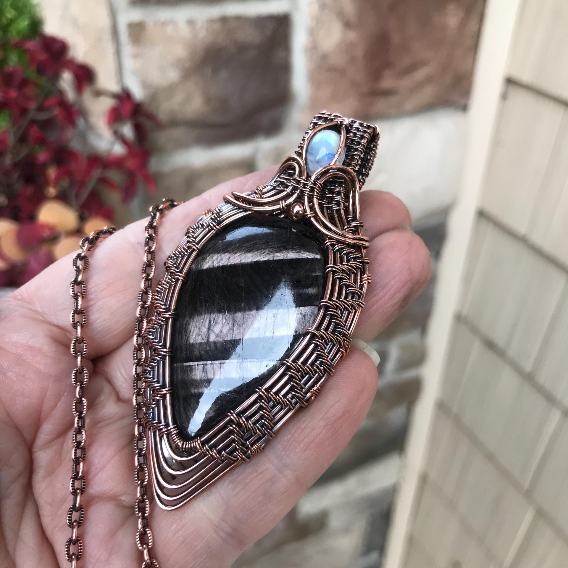 Hypersthene & Moonstone Woven Copper Pendant