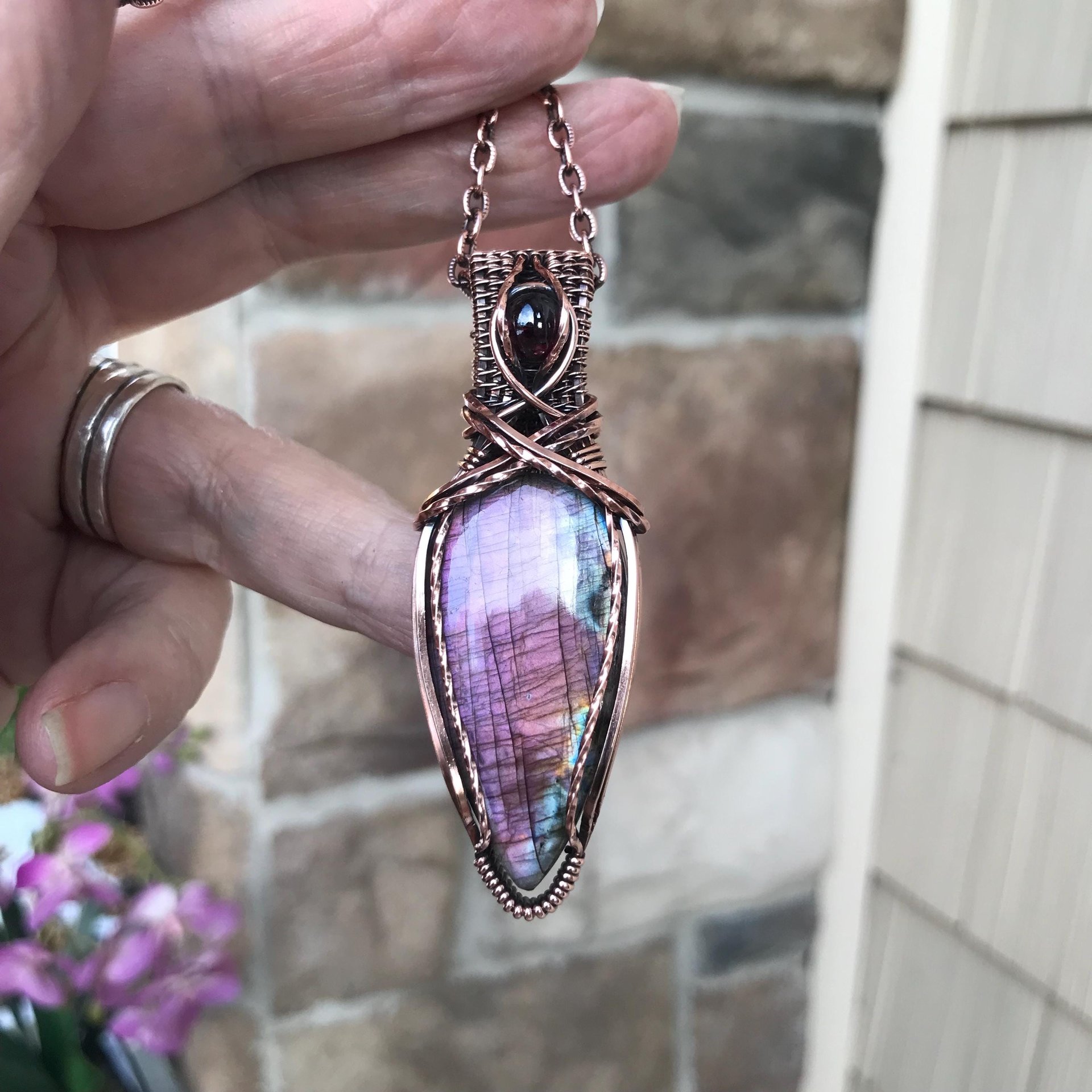 Purple Labradorite & Garnet Teardrop Copper Pendant