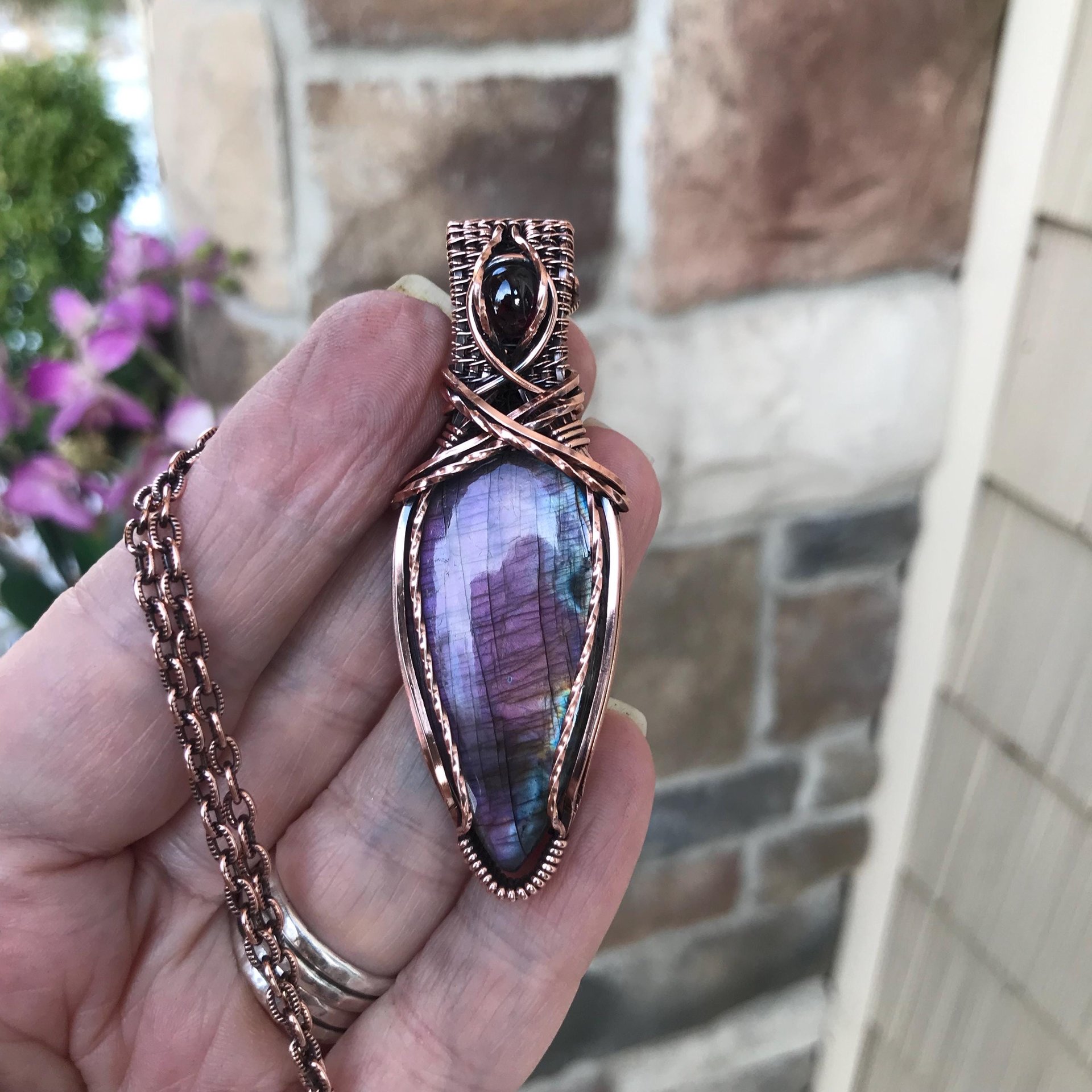 Purple Labradorite & Garnet Teardrop Copper Pendant