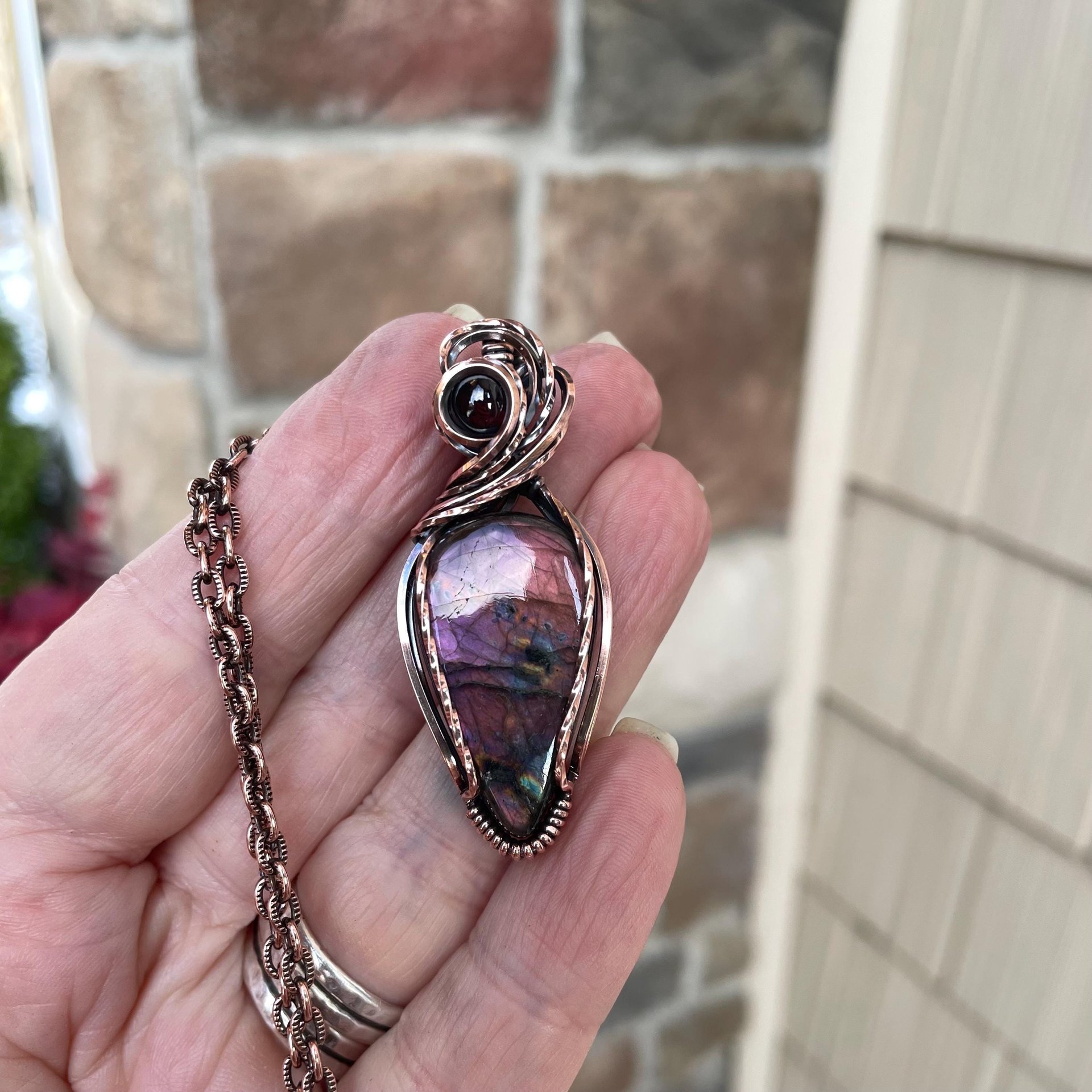 Purple Labradorite & Garnet Copper Pendant