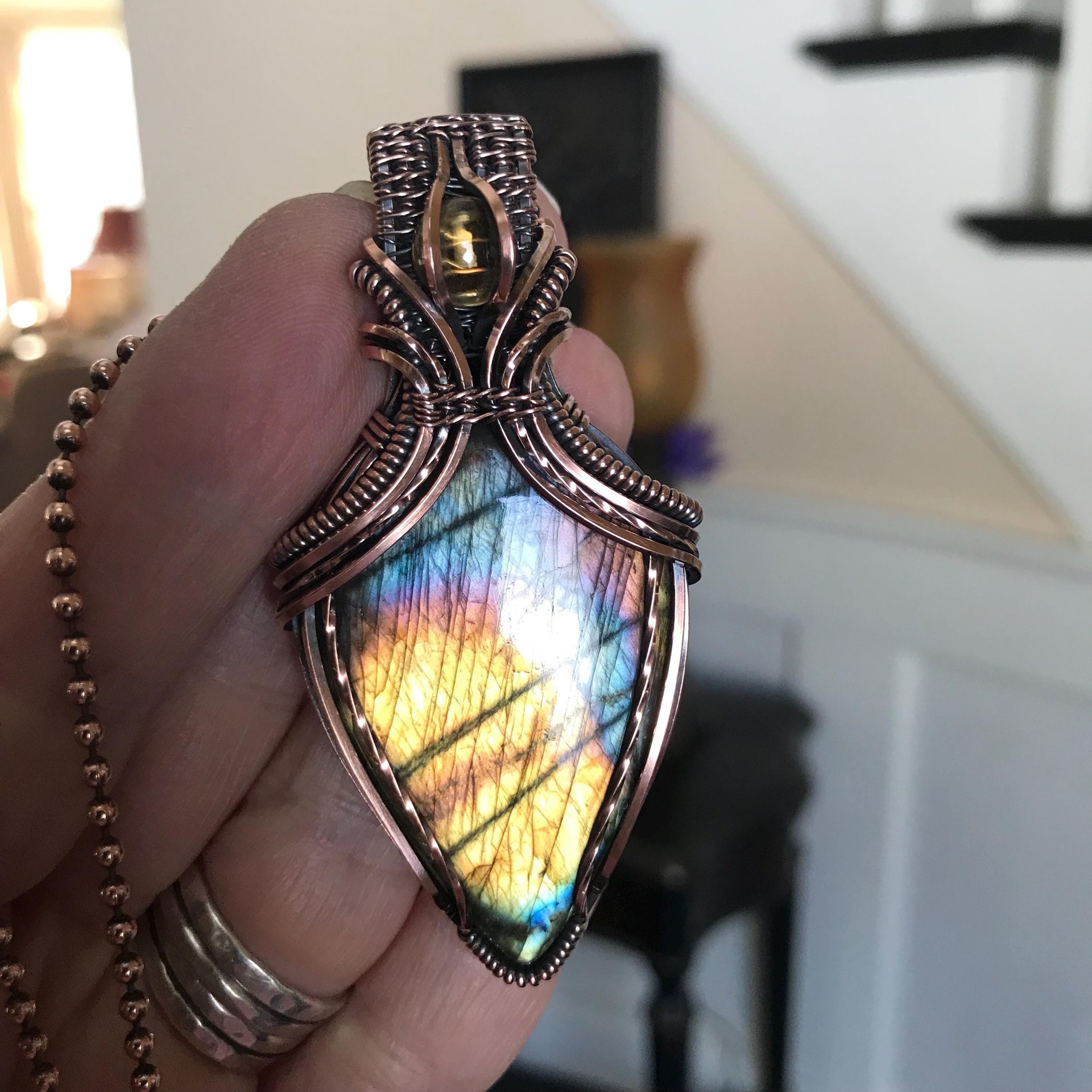 Yellow Rainbow Labradorite & Citrine Copper Pendant with Woven Bail
