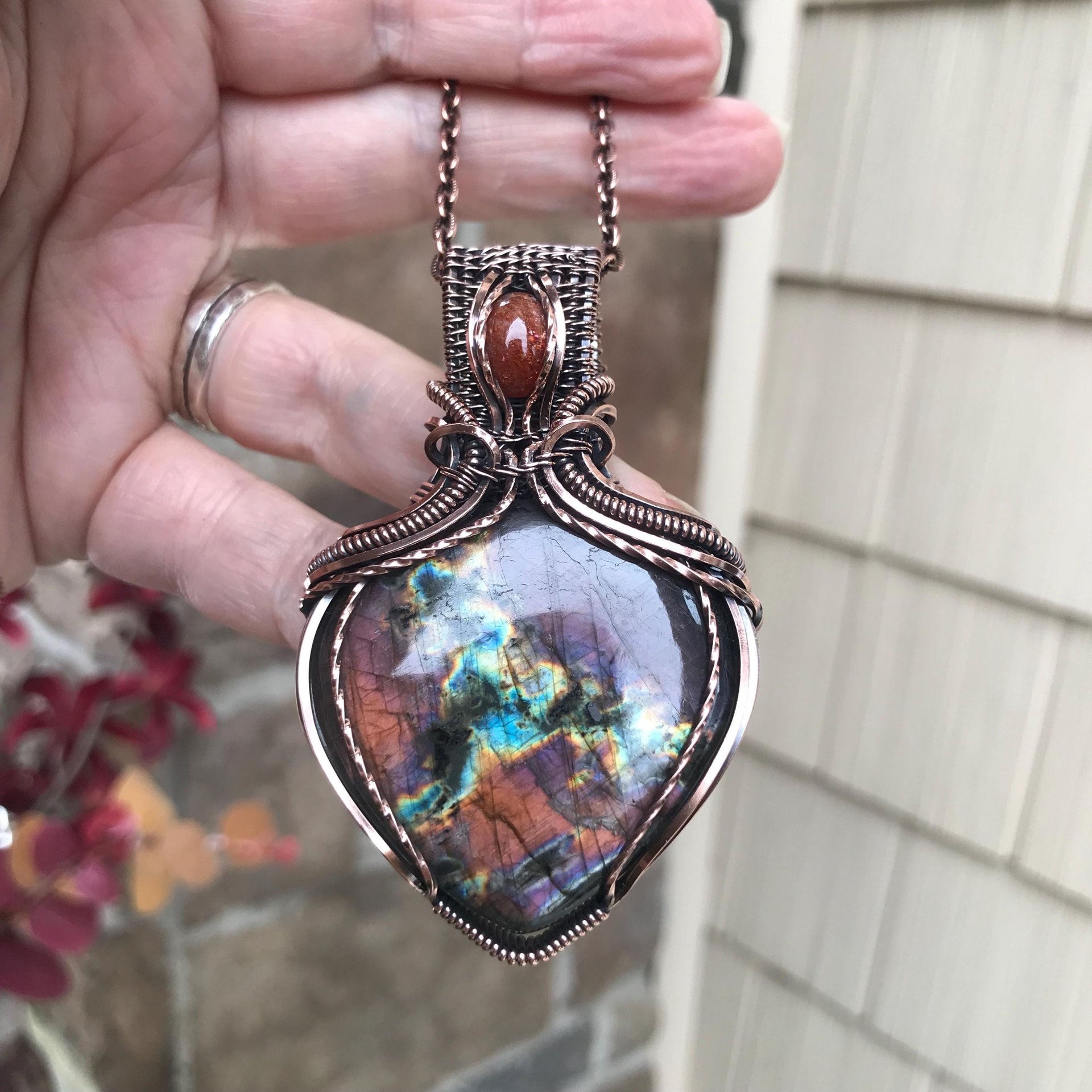 Orange Purple Labradorite & Sunstone Copper Pendant with Woven Bail