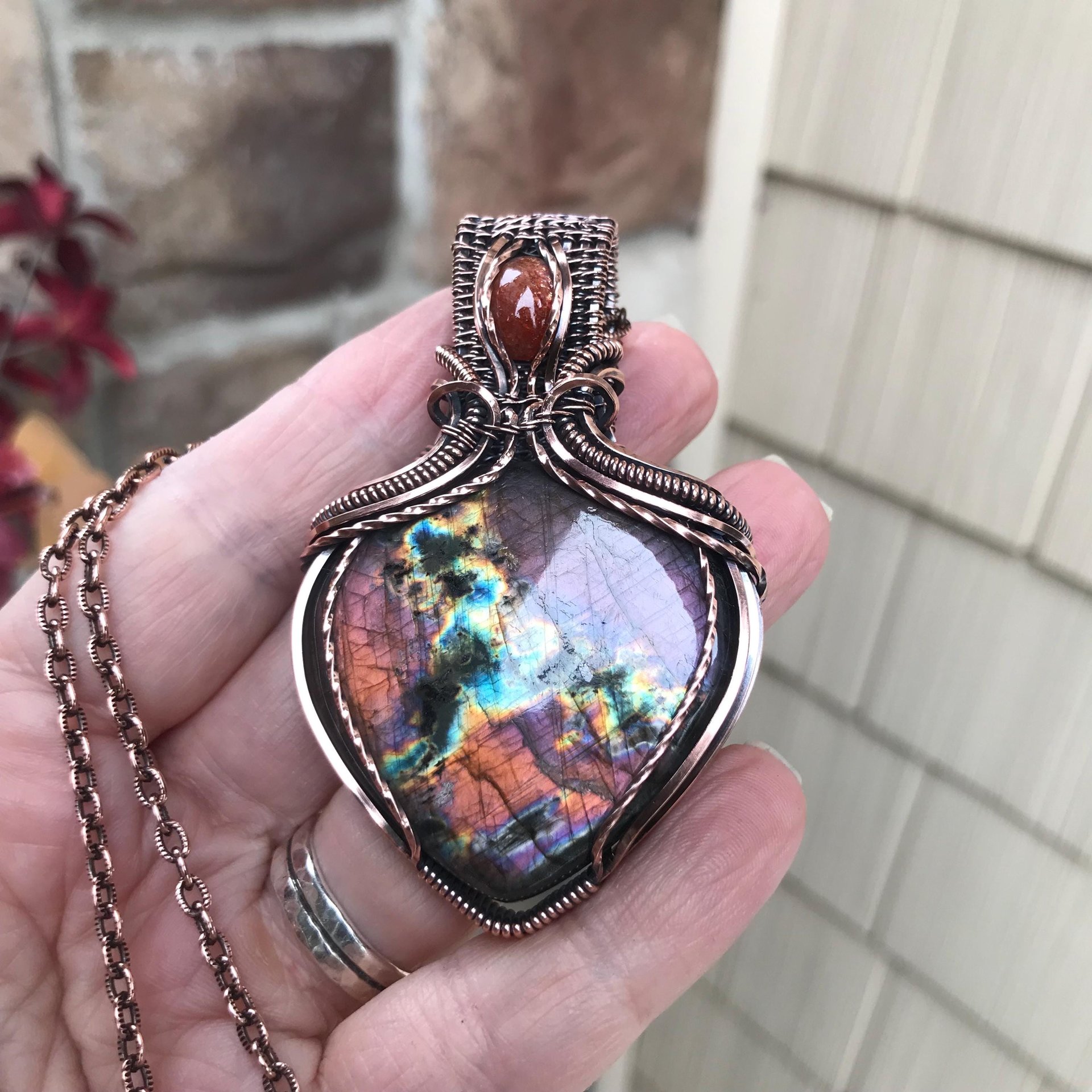 Orange Purple Labradorite & Sunstone Copper Pendant with Woven Bail