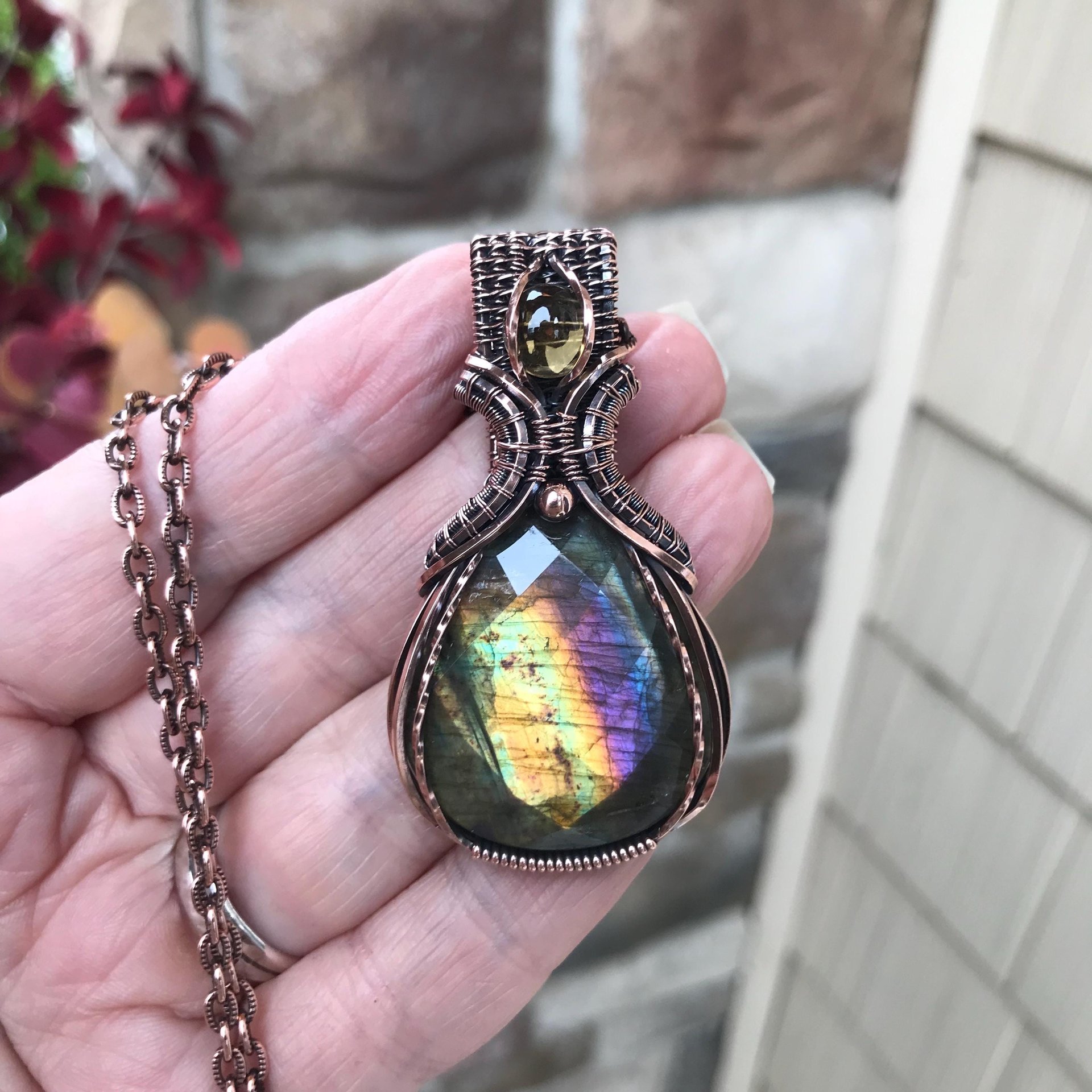Yellow Rainbow Faceted Laradorite & Citrine Copper Pendant