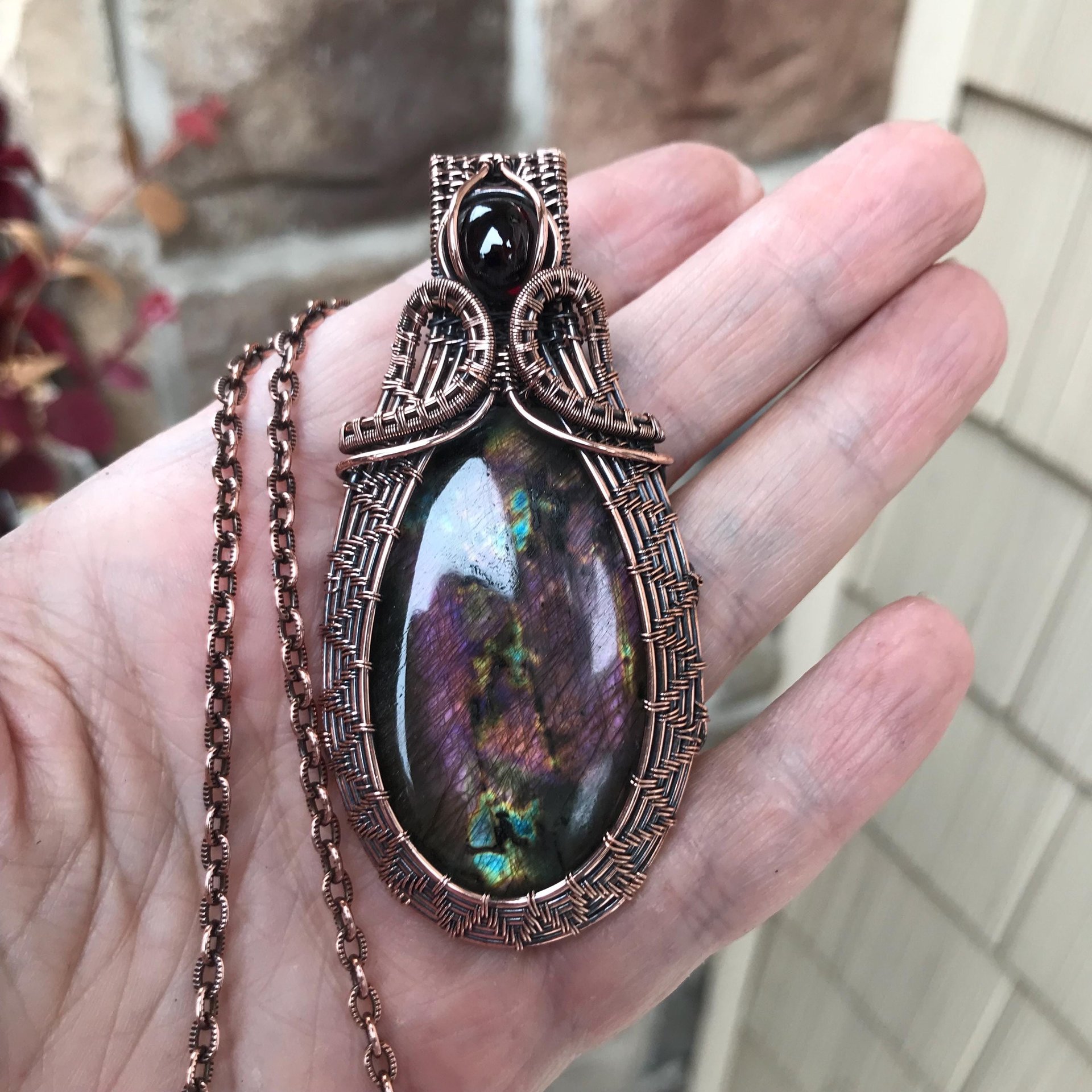 Purple Maroon Labradorite & Garnet Woven Pendant