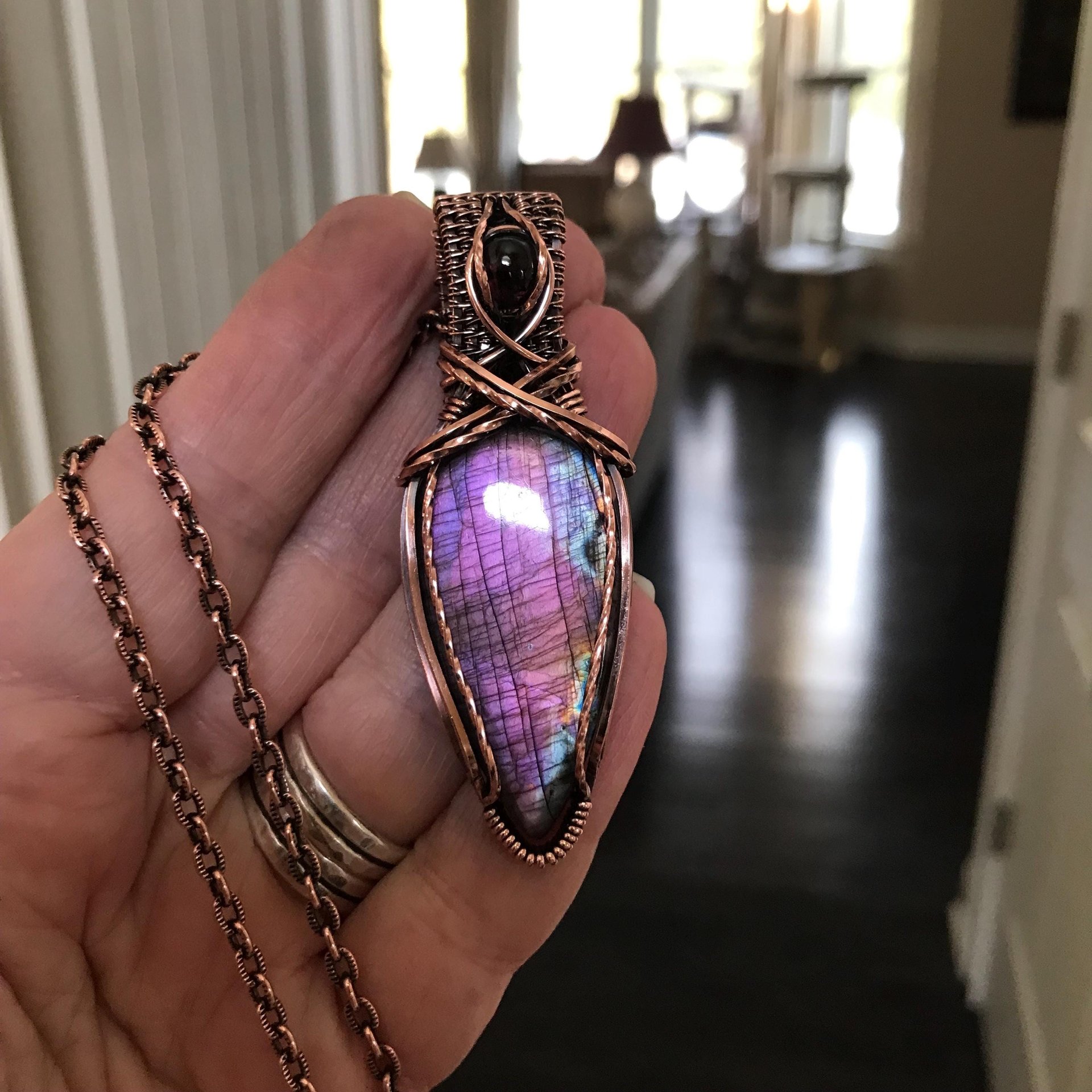 Purple Labradorite & Garnet Teardrop Copper Pendant