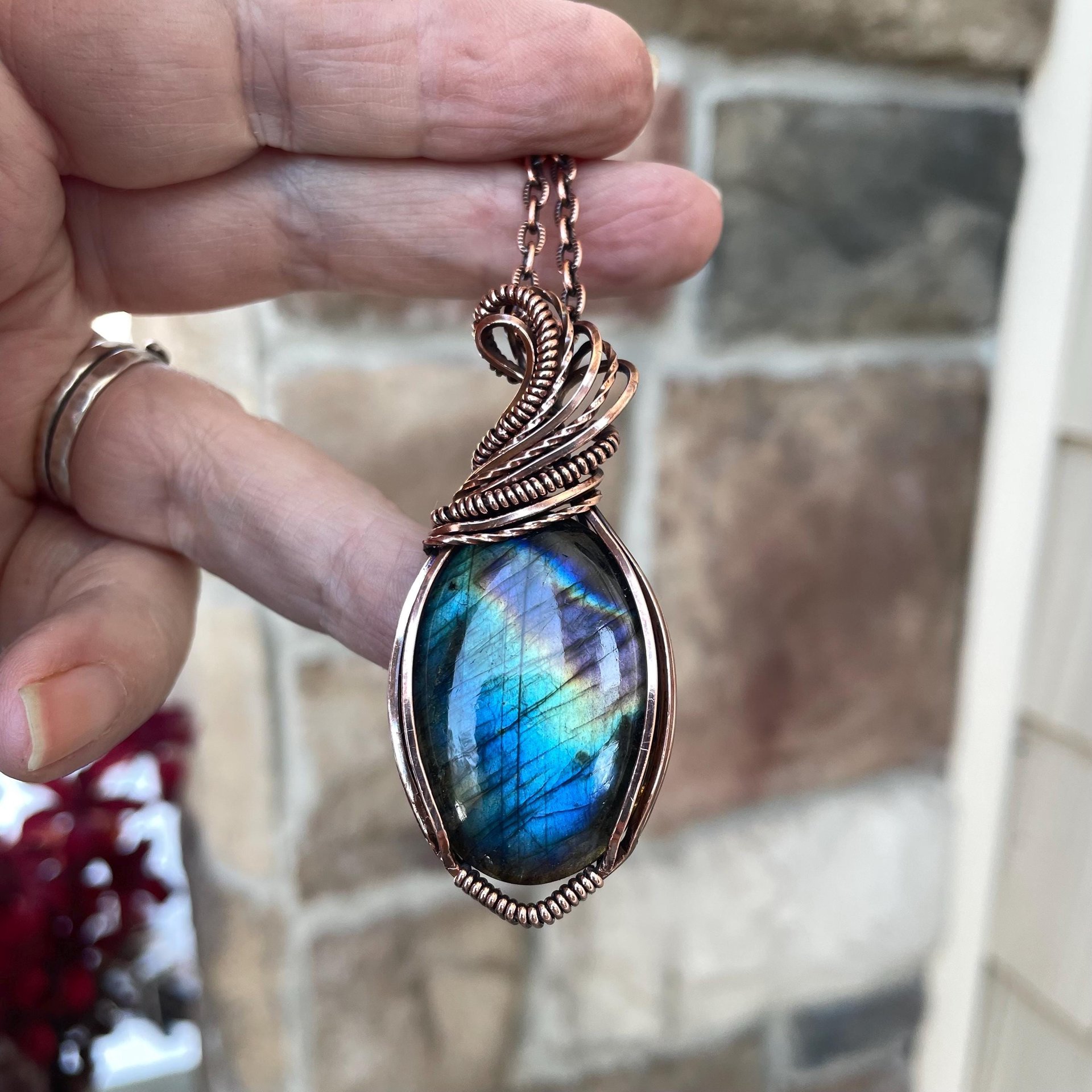 Rainbow Oval Labradorite Copper Pendant