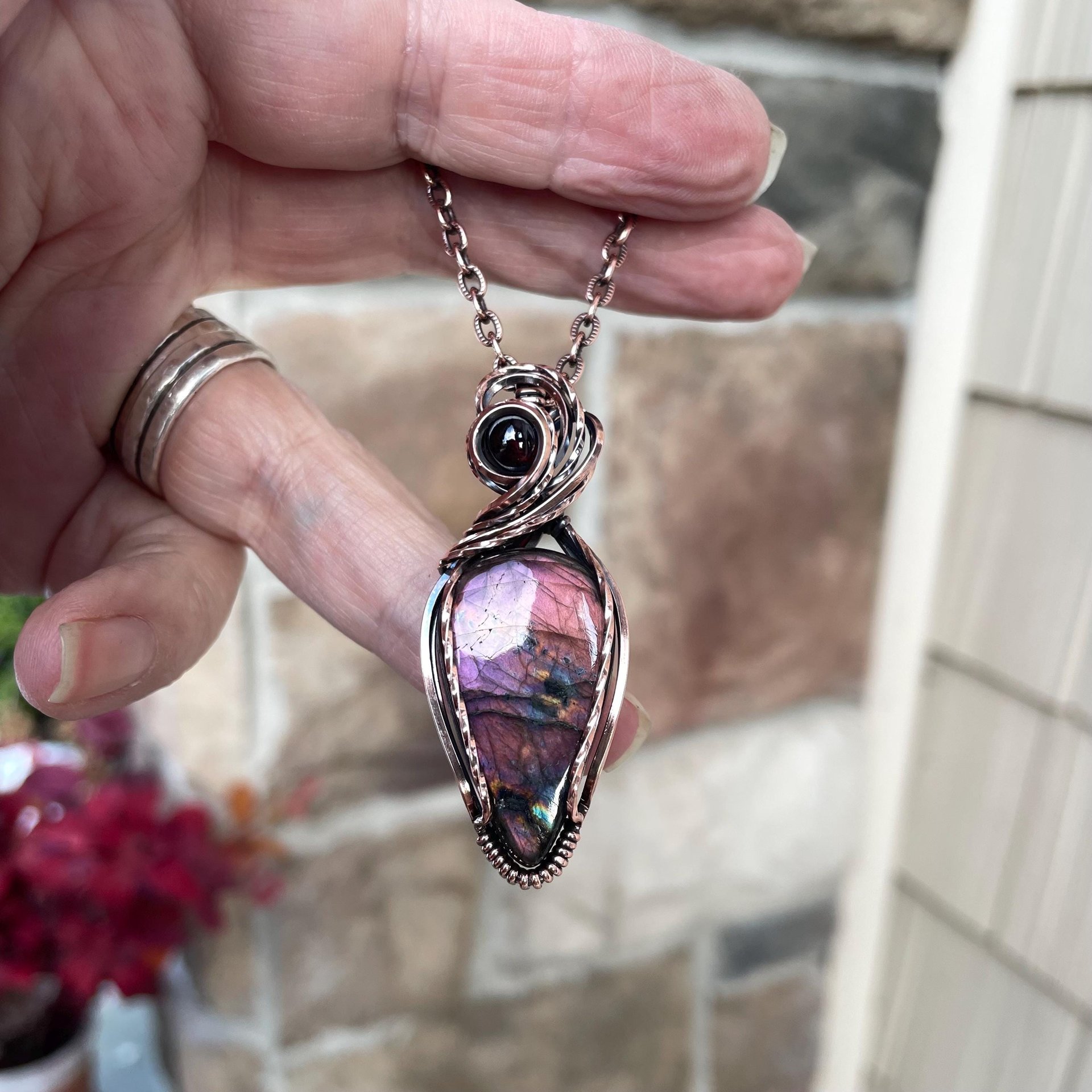 Purple Labradorite & Garnet Copper Pendant