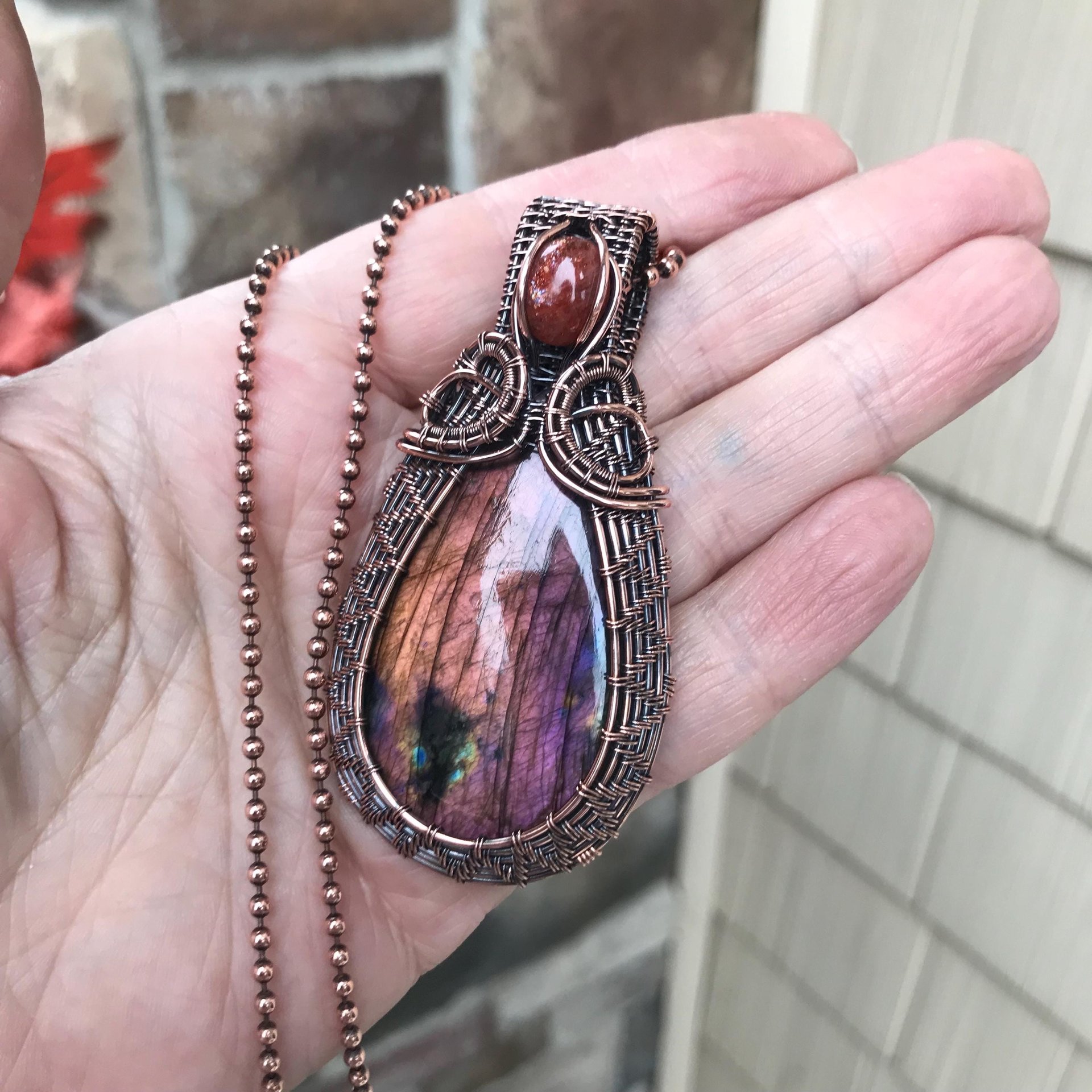 Orange Pink Labradorite & Sunstone Woven Pendant