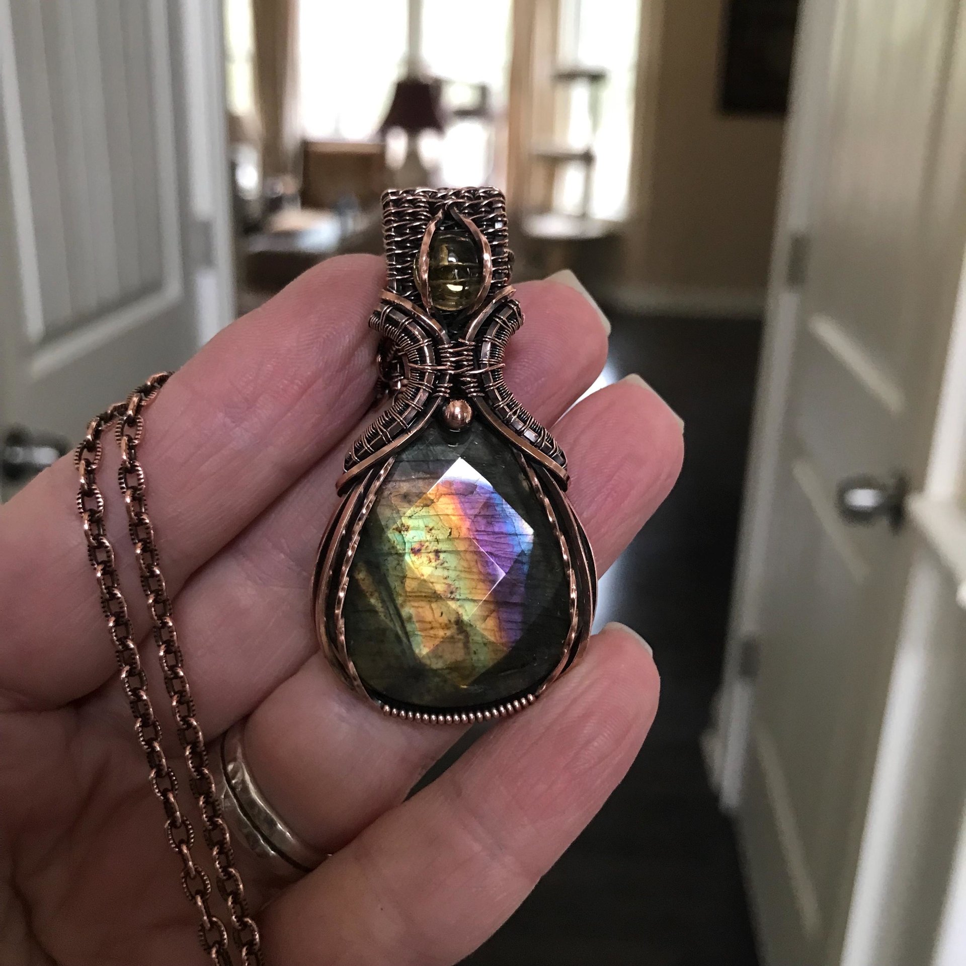 Yellow Rainbow Faceted Laradorite & Citrine Copper Pendant