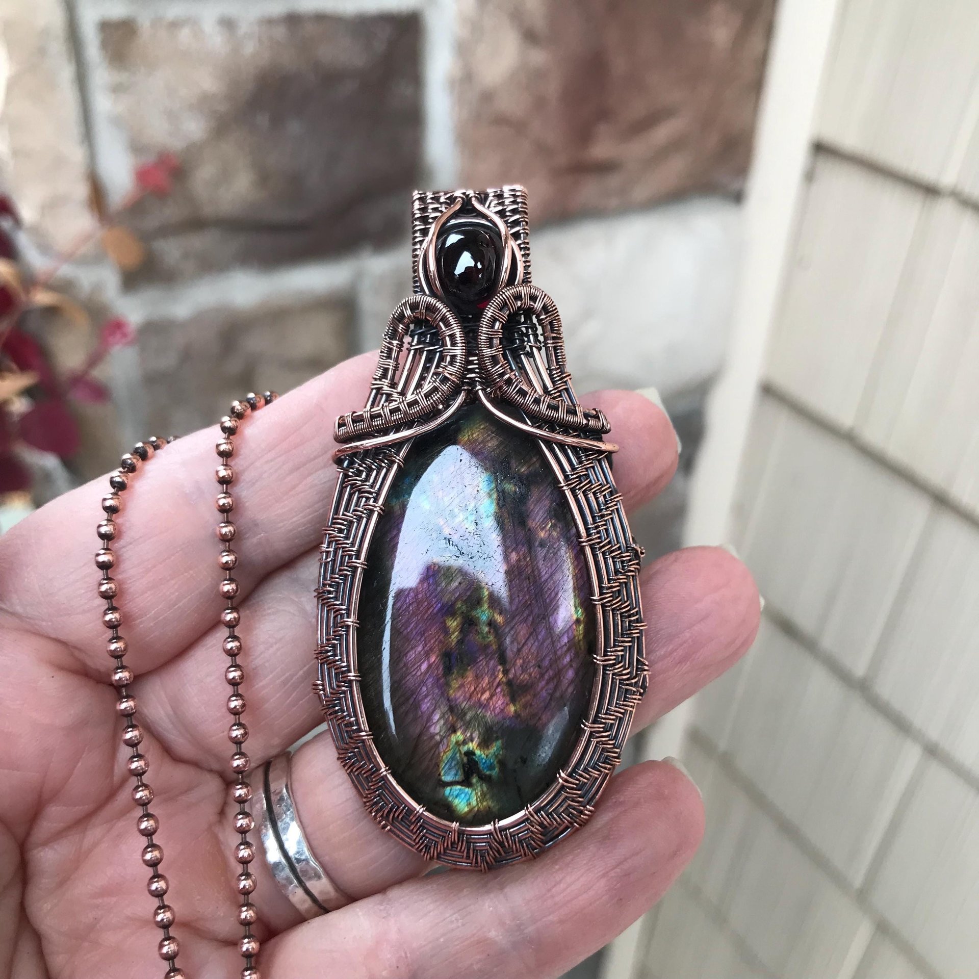 Purple Maroon Labradorite & Garnet Woven Pendant