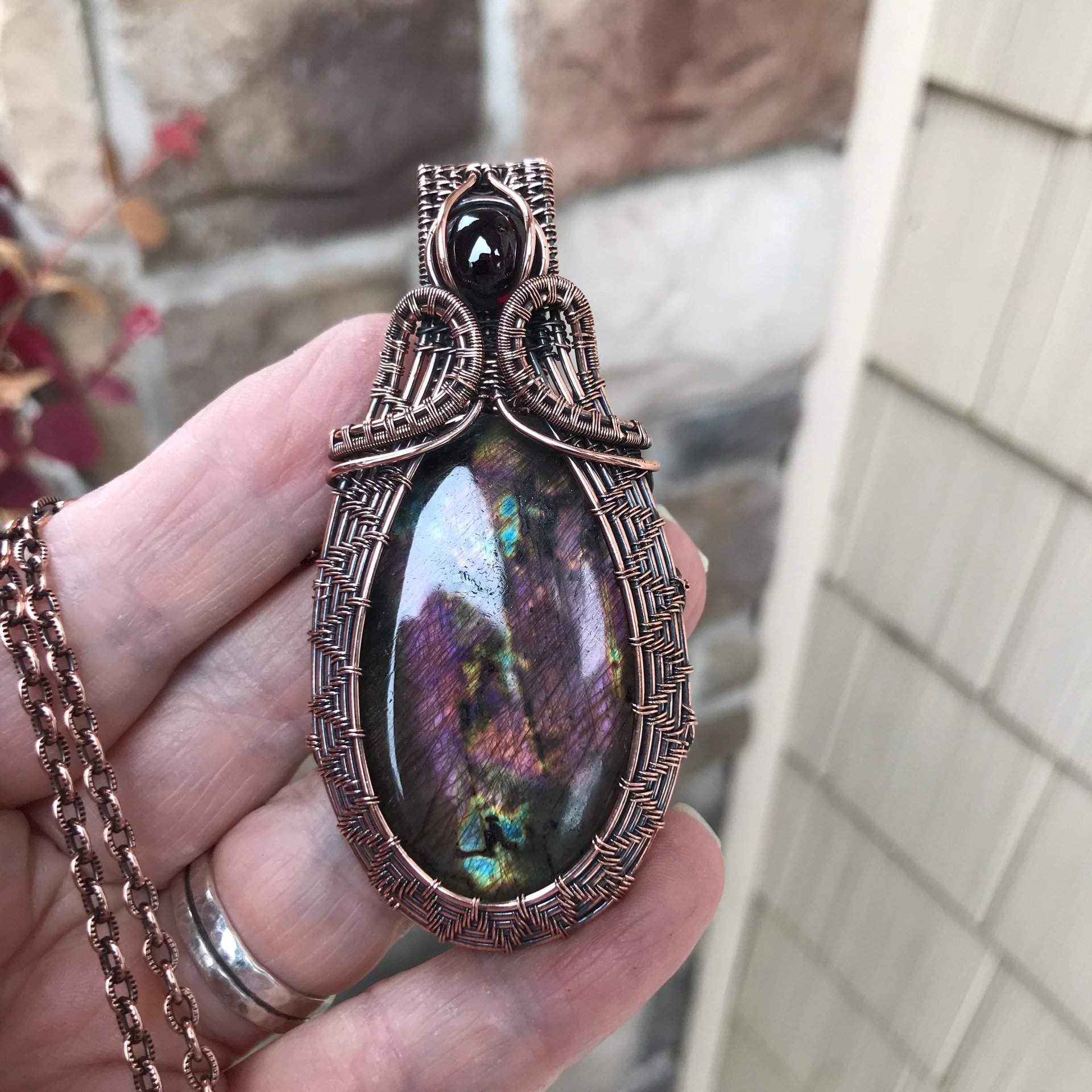 Purple Maroon Labradorite & Garnet Woven Pendant