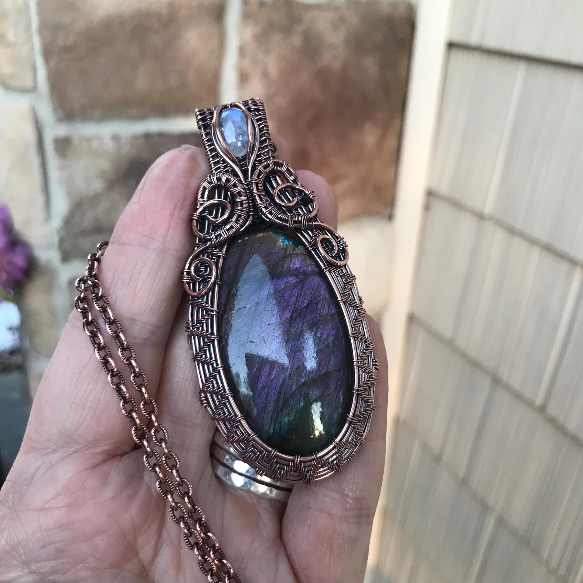 Purple Labradorite & Moonstone Copper Woven Pendant