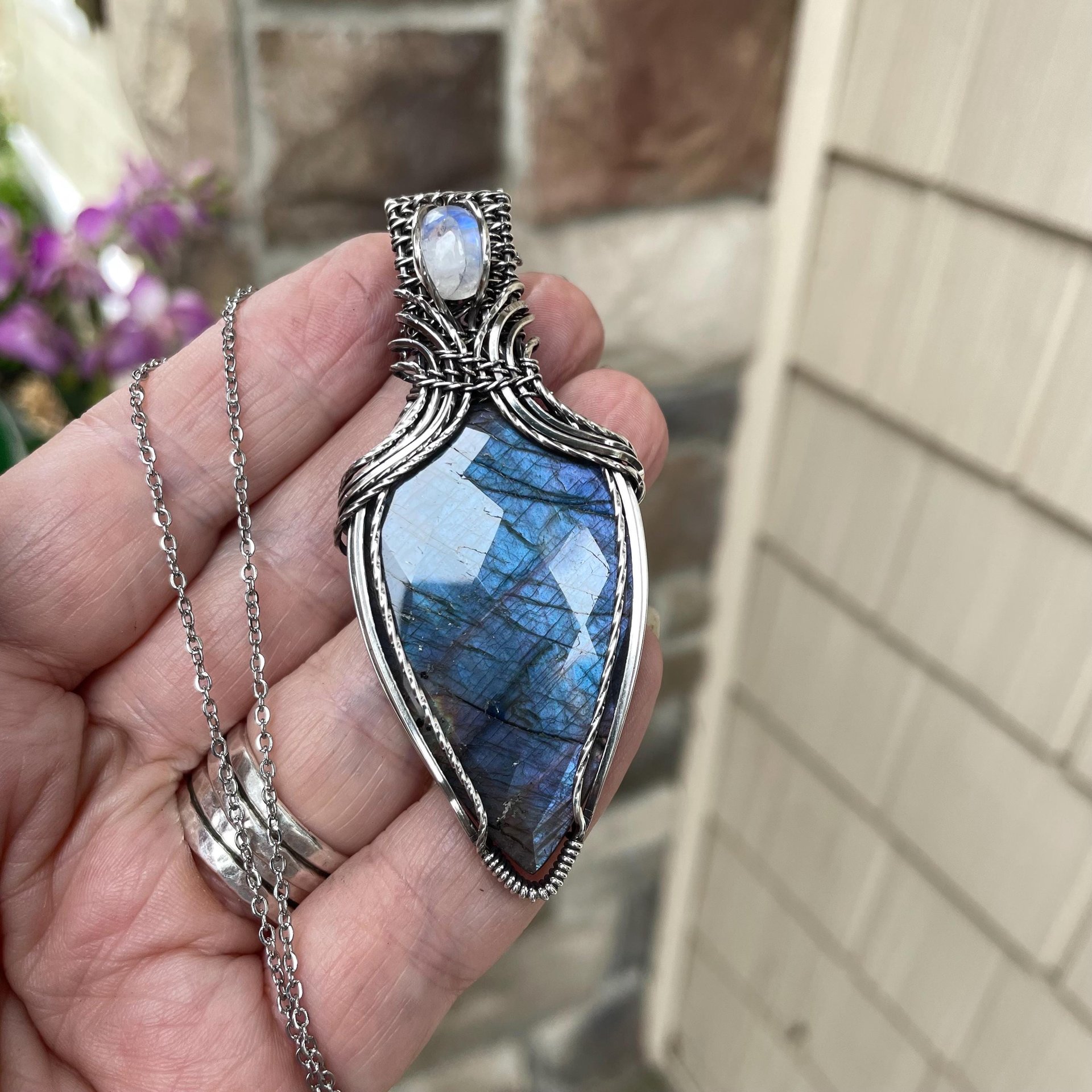 Blue Purple Labradorite & Moonstone Silver Pendant