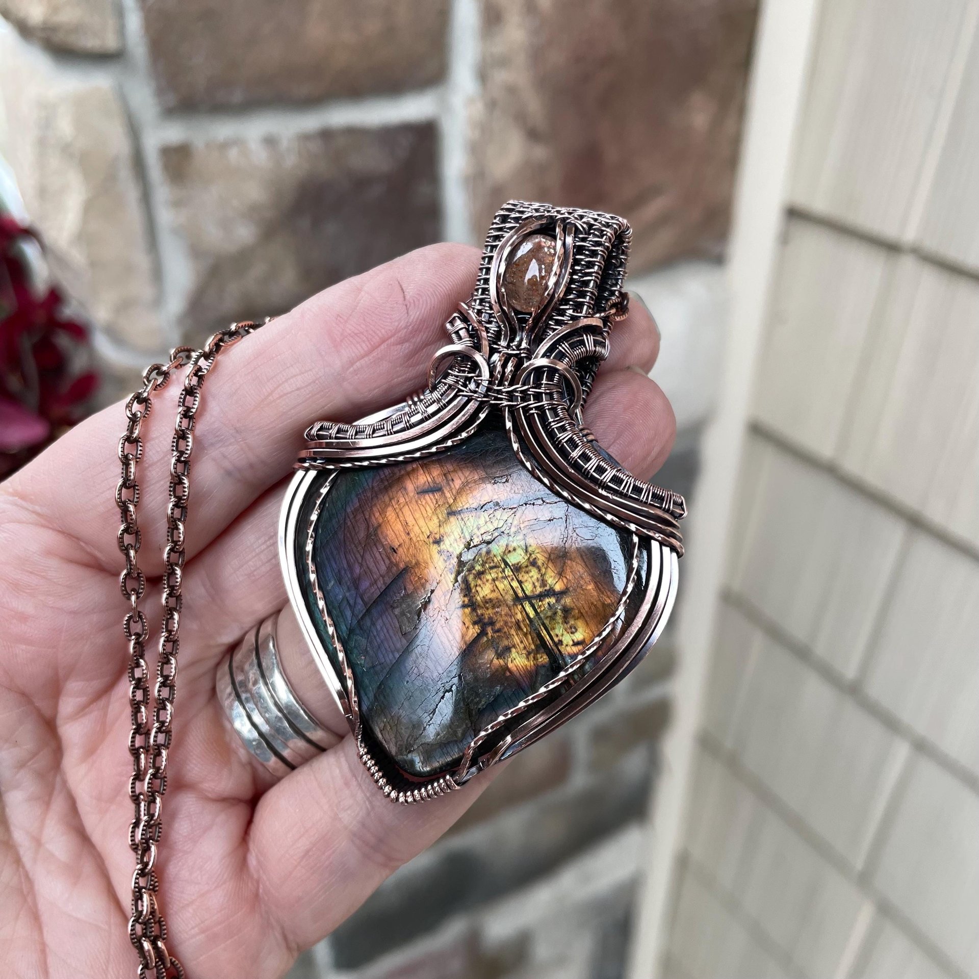 Orange Rainbow Labradorite & Sunstone Copper Necklace with Weaving