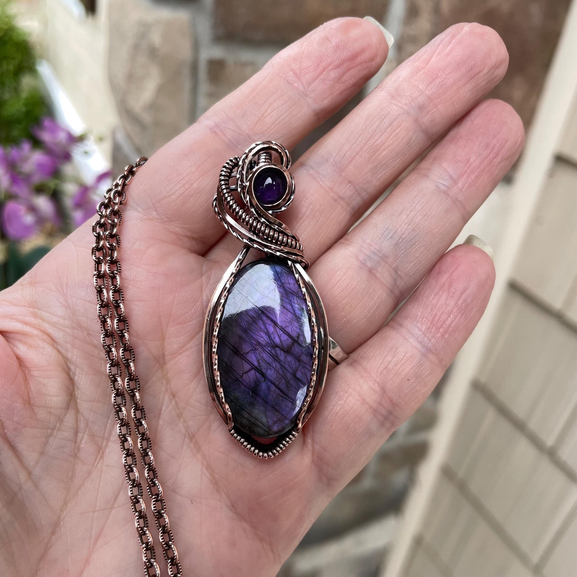 Purple Labradorite & Amethyst Oval Copper Pendant