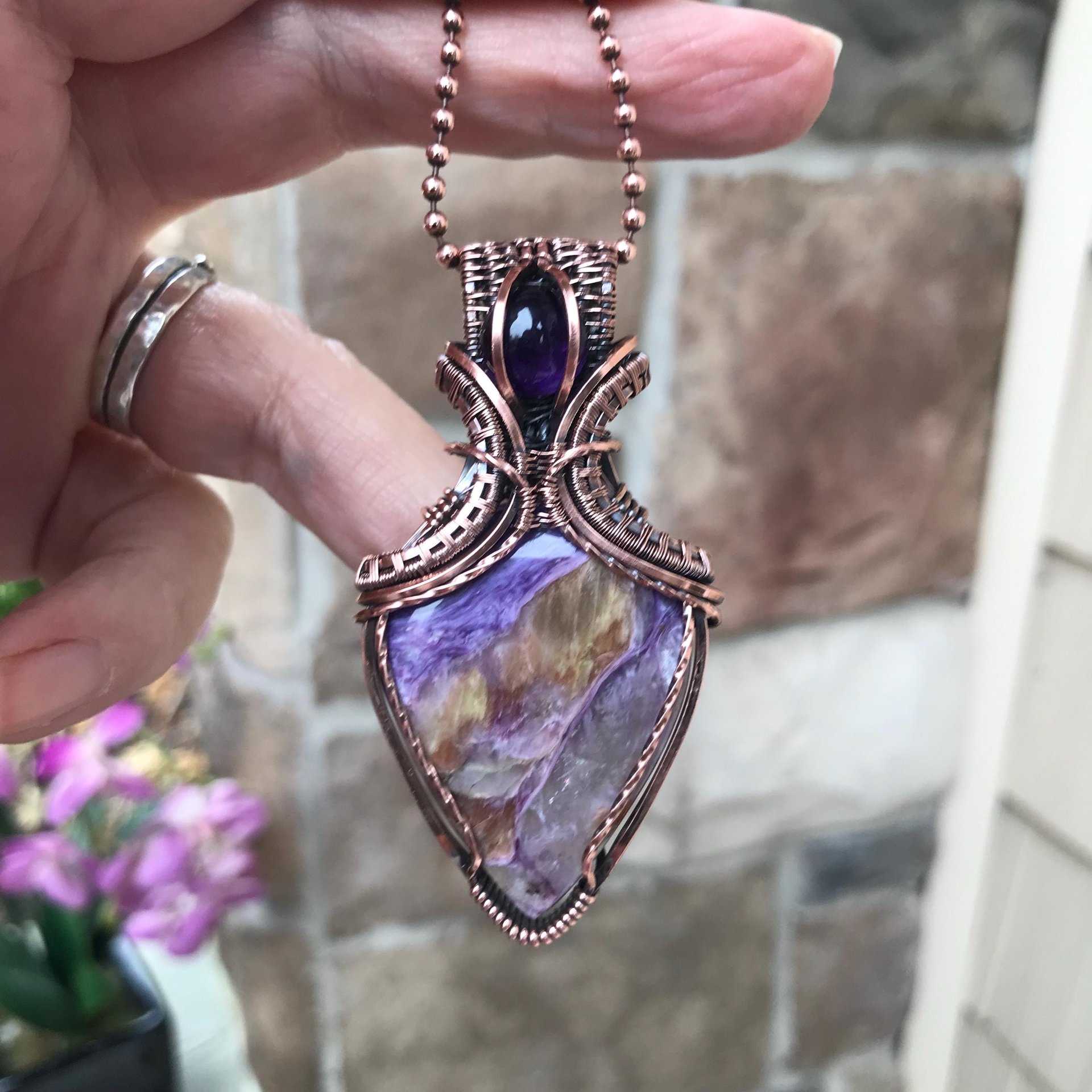 Charoite & Amethyst Copper Pendant with Woven Bail