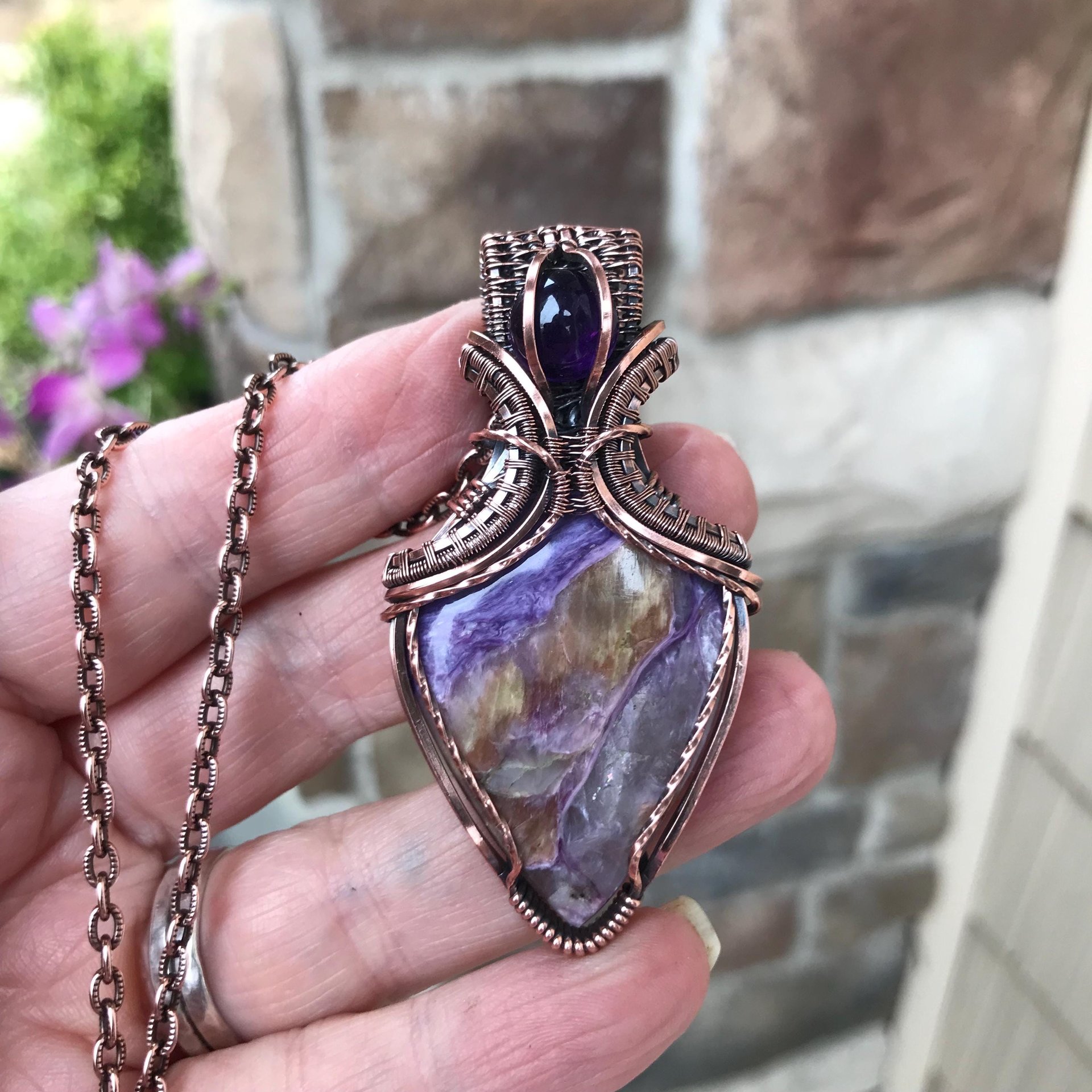 Charoite & Amethyst Copper Pendant with Woven Bail