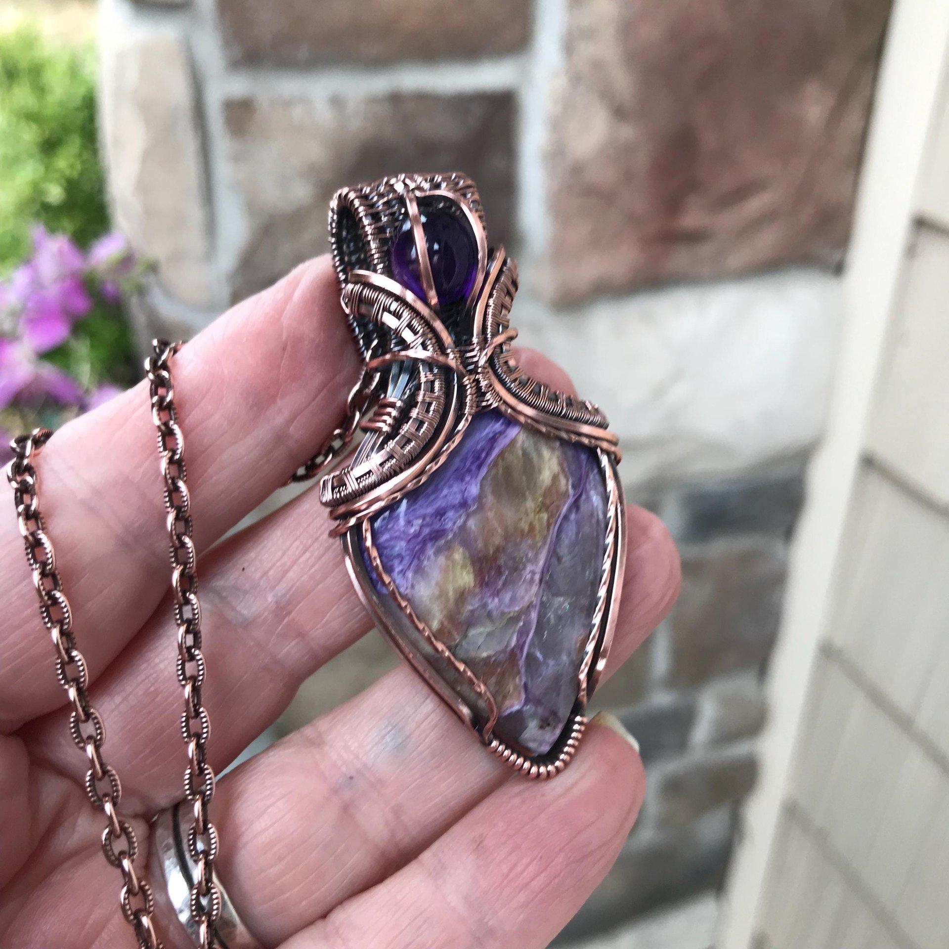 Charoite & Amethyst Copper Pendant with Woven Bail