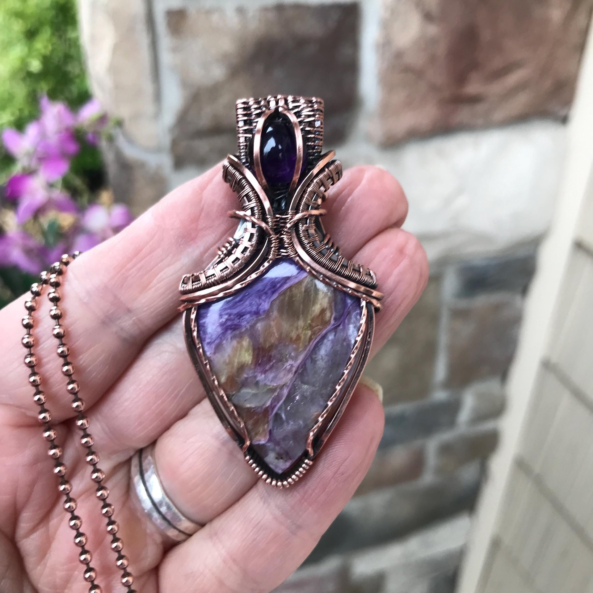 Charoite & Amethyst Copper Pendant with Woven Bail