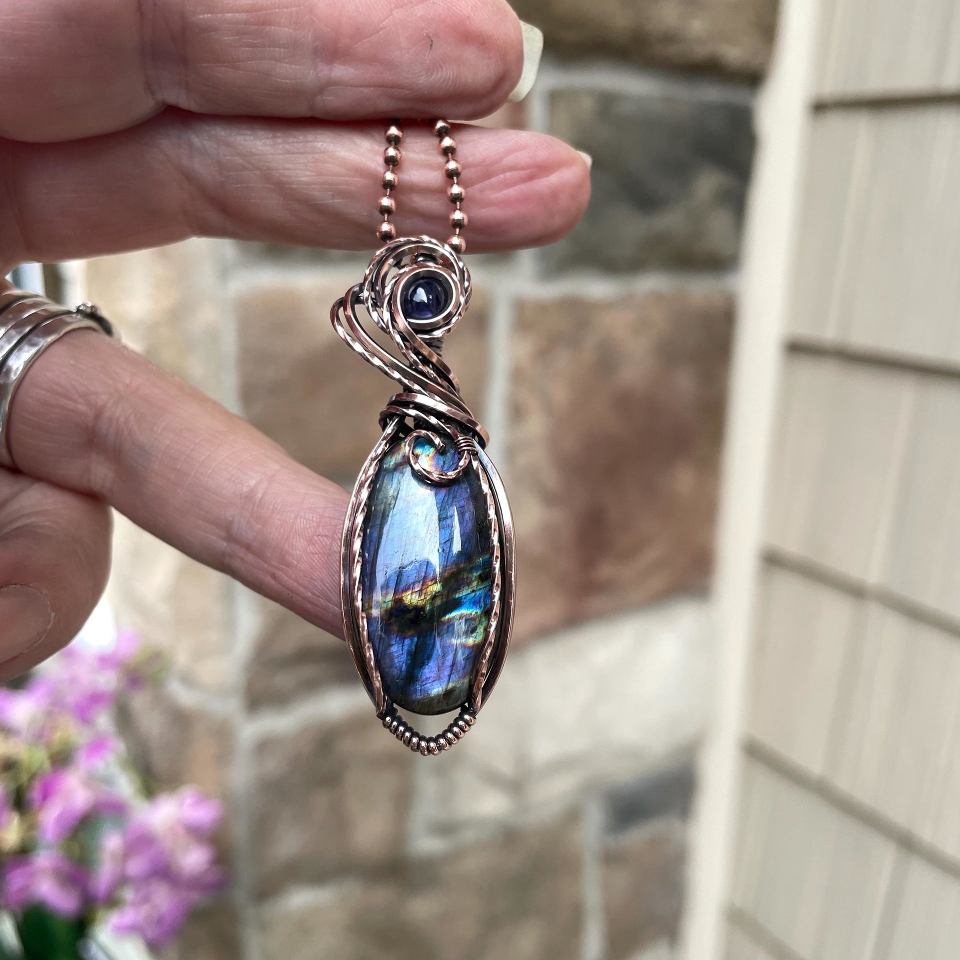Purple Labradorite & Iolite Small Copper Penddant