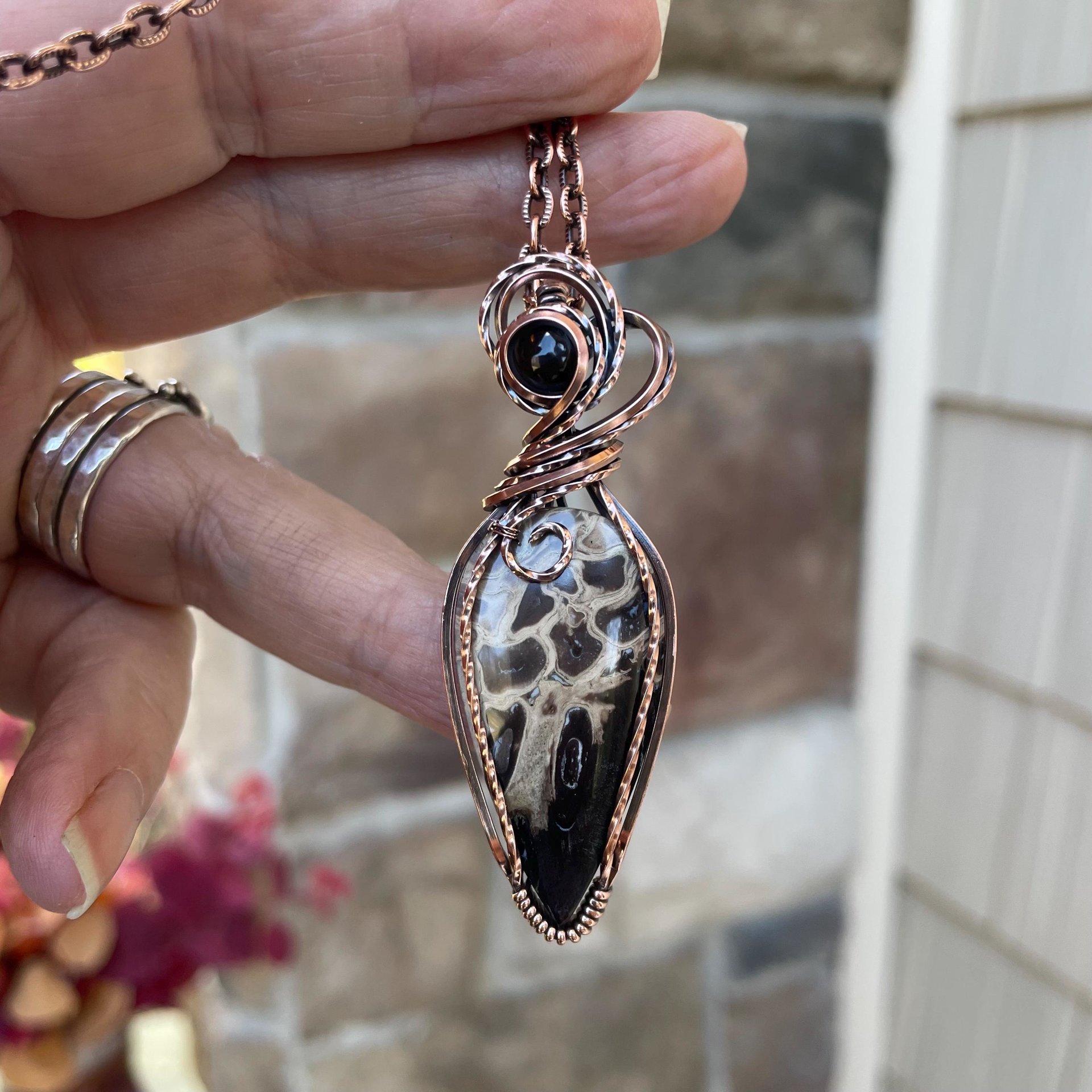 Petrified Palm Wood & Smoky Quartz Copper Pendant