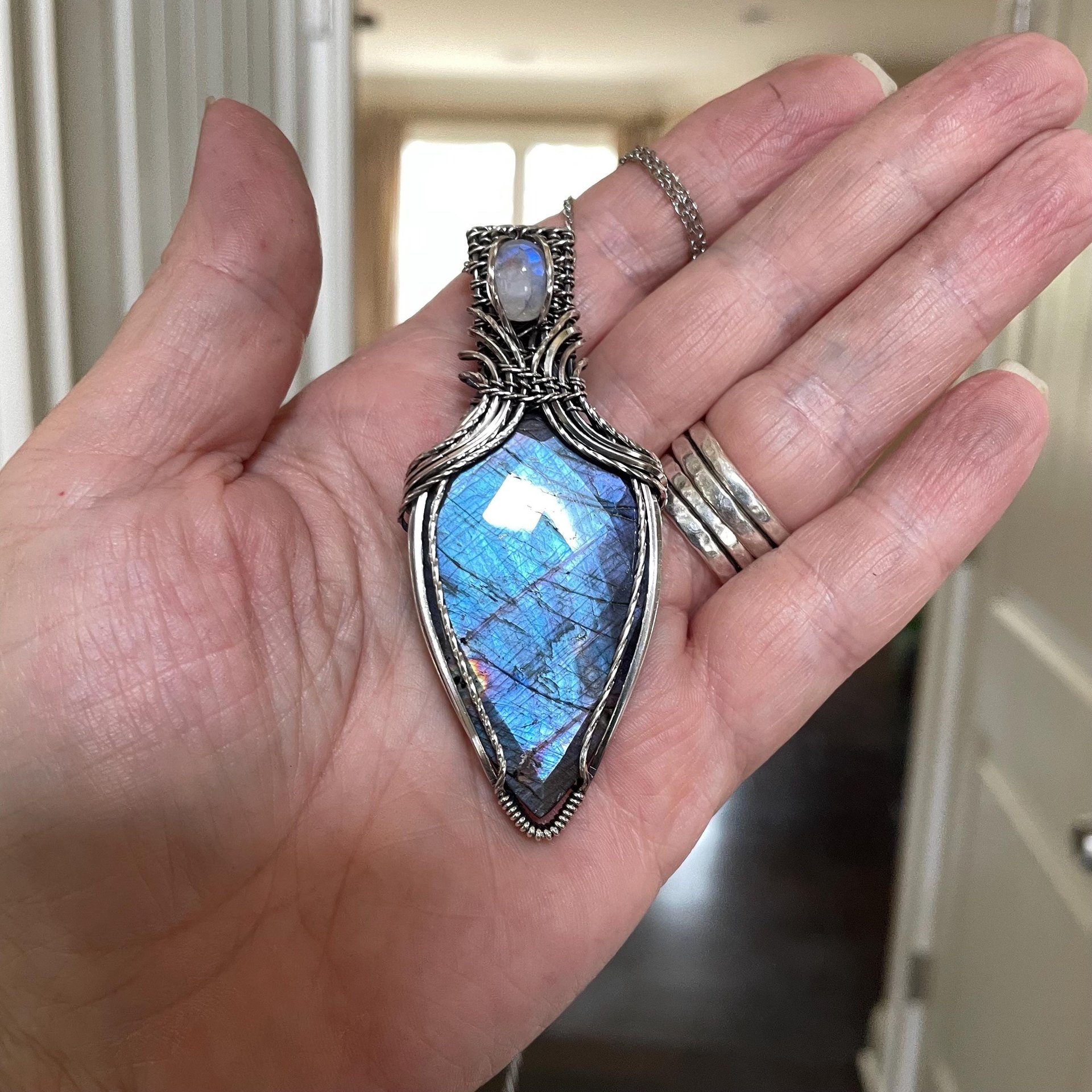 Blue Purple Labradorite & Moonstone Silver Pendant