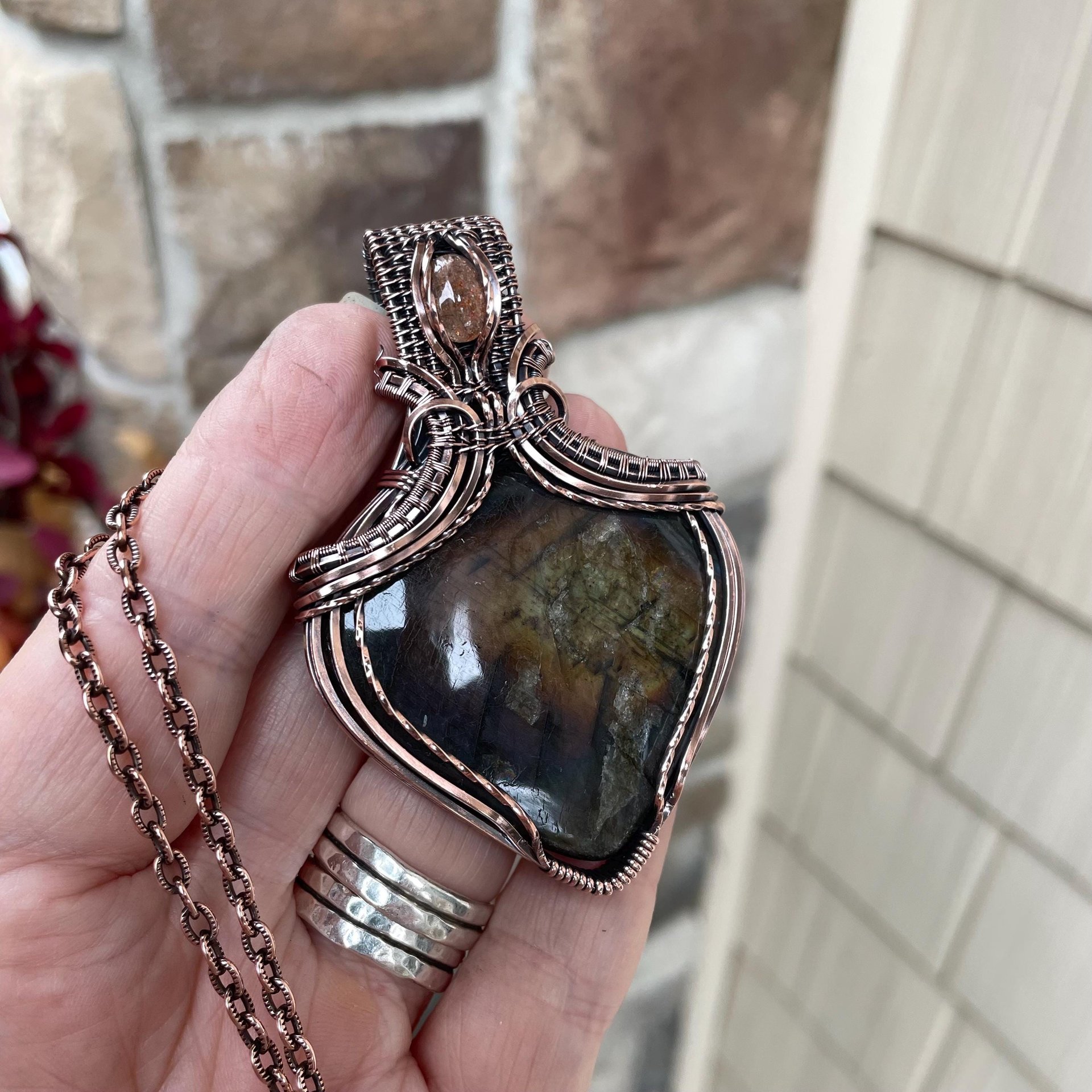 Orange Rainbow Labradorite & Sunstone Copper Necklace with Weaving