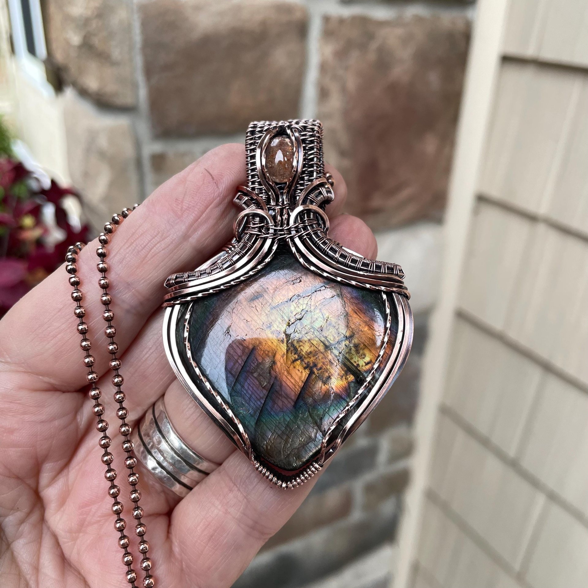 Orange Rainbow Labradorite & Sunstone Copper Necklace with Weaving