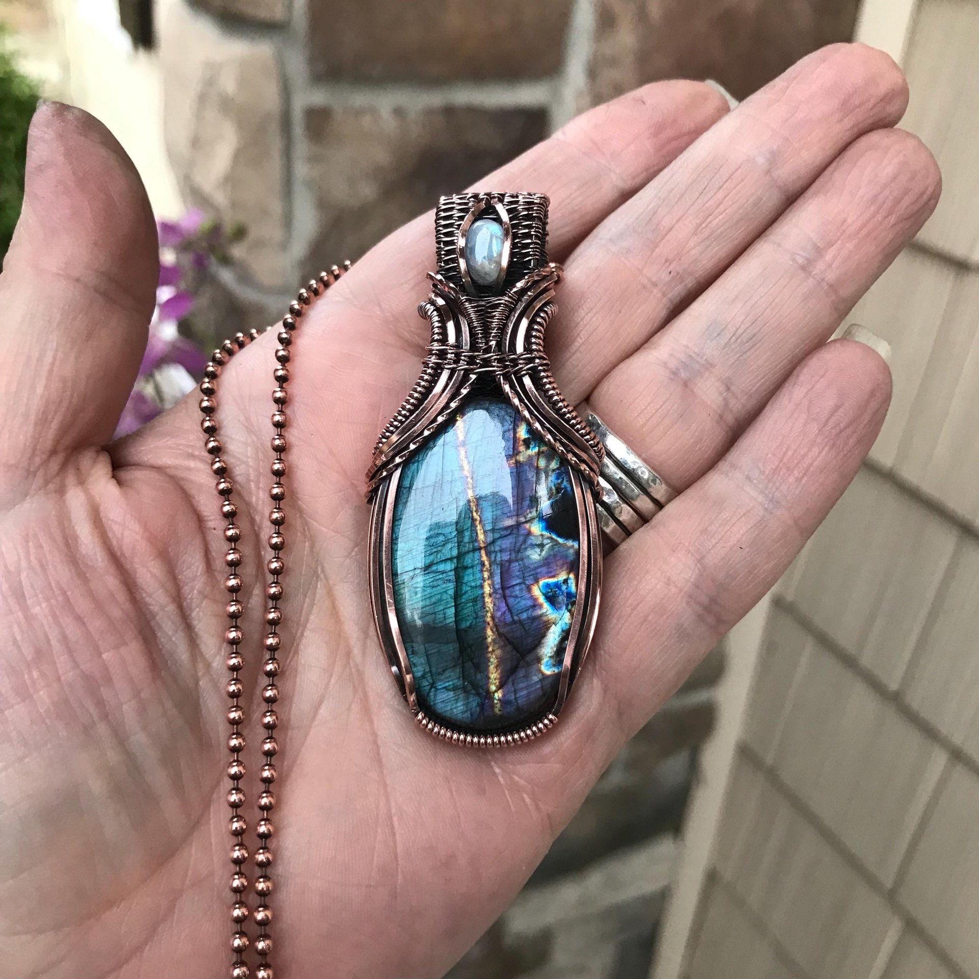 Teal Labradorite & Moonstone Copper Pendant with Weaving