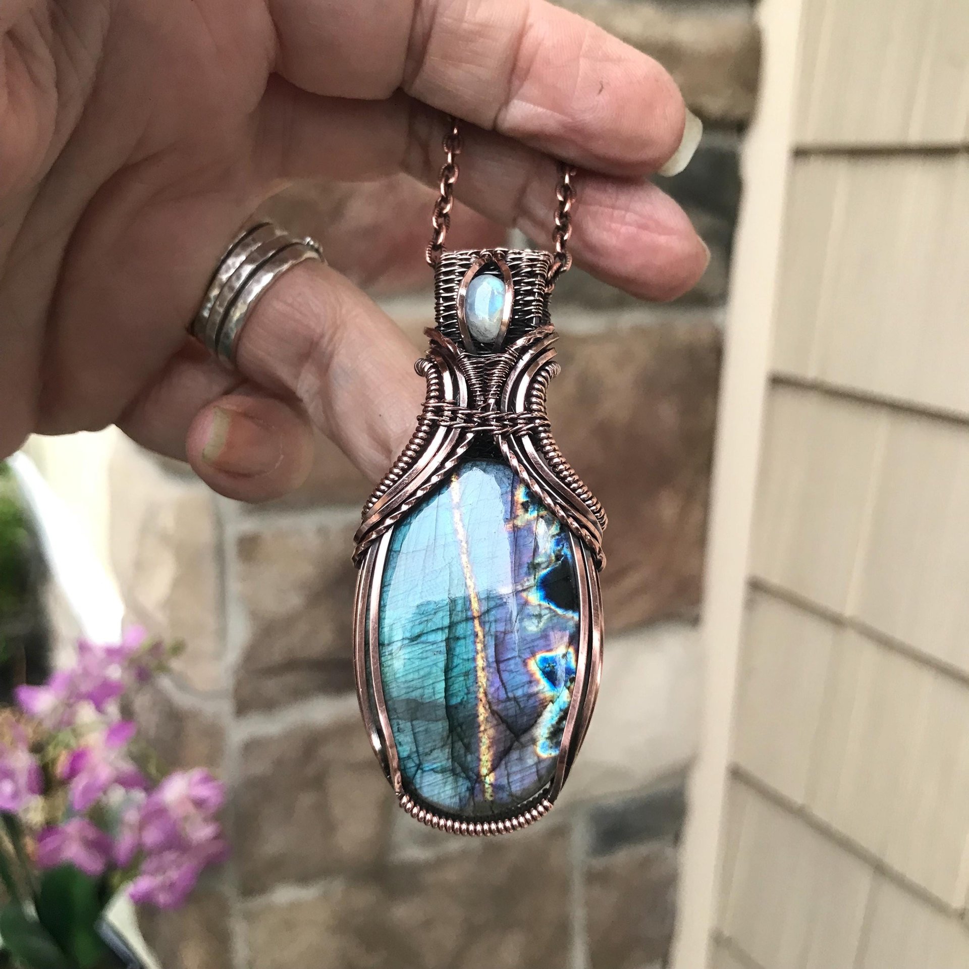 Teal Labradorite & Moonstone Copper Pendant with Weaving