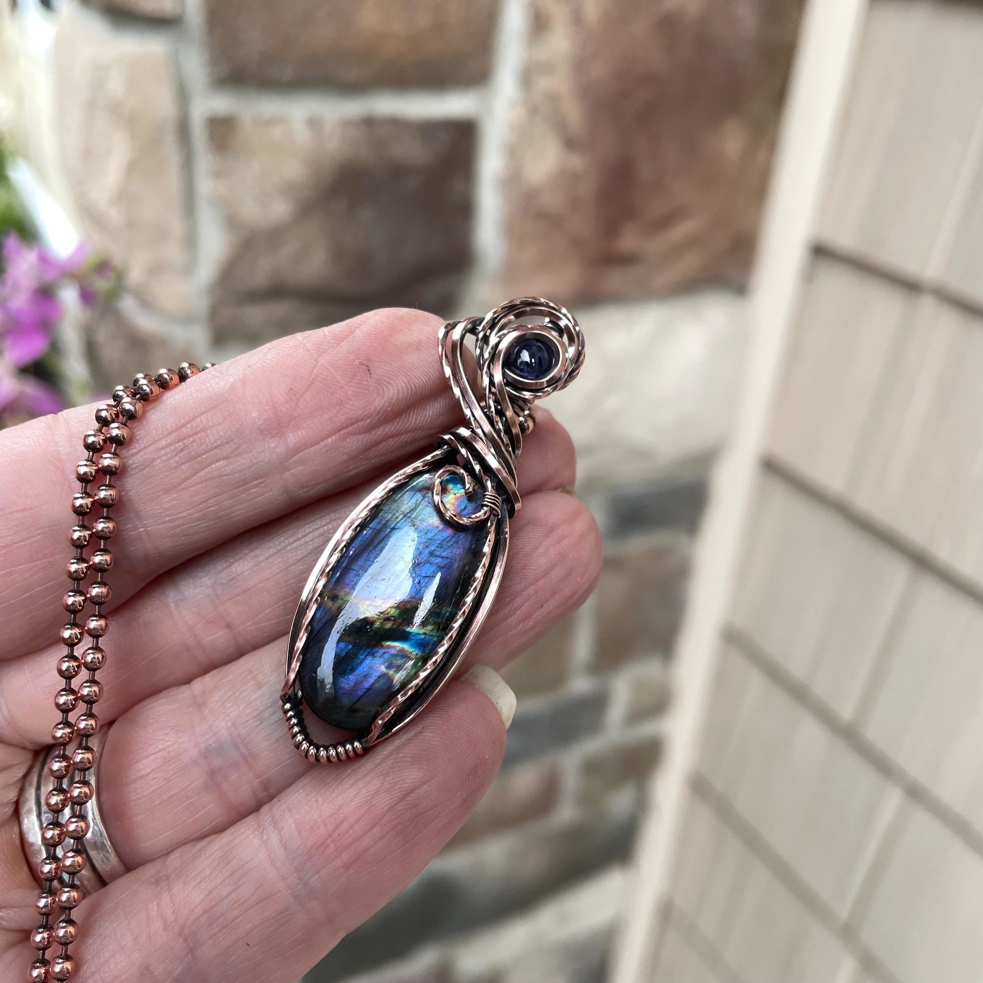 Purple Labradorite & Iolite Small Copper Penddant