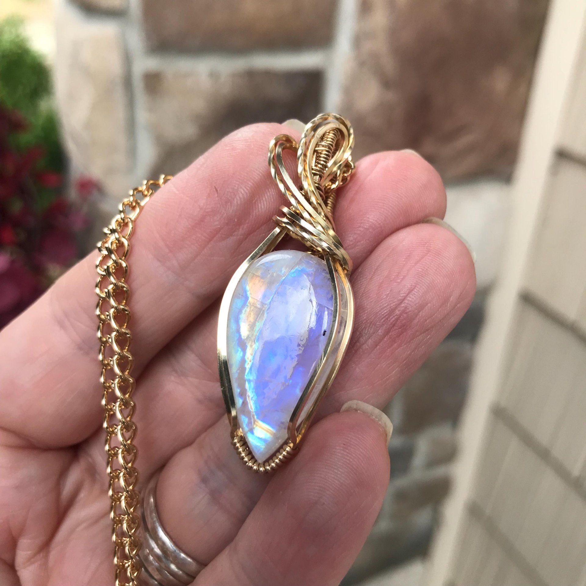 Rainbow Moonstone Brass Pendant